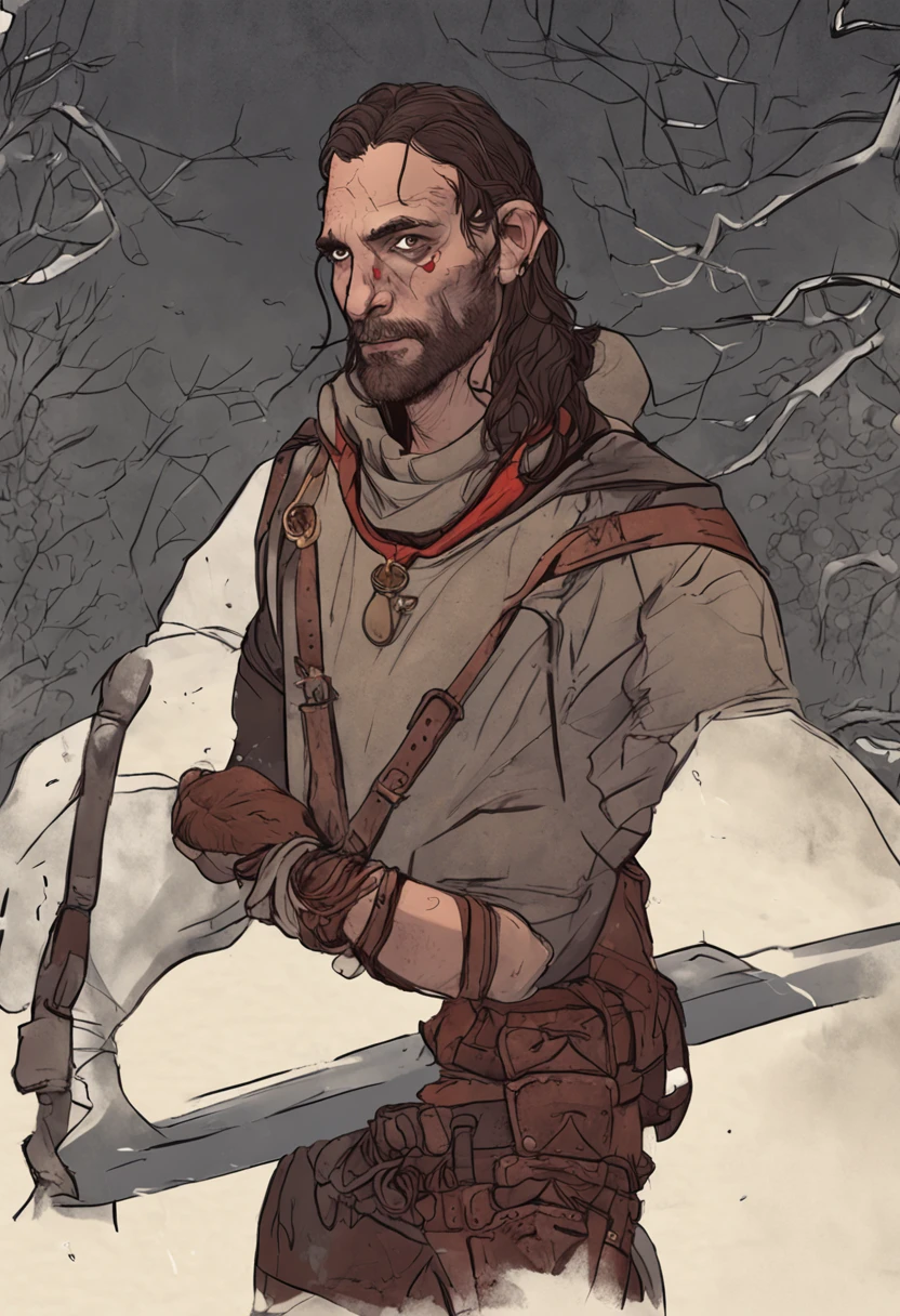 A medieval man with long brown hair and brown eyes. left half of his face has a scar . his clothes looks like a poor noble main part is red with specs of iron. iron belt. lether gloves on his left hand 8k human