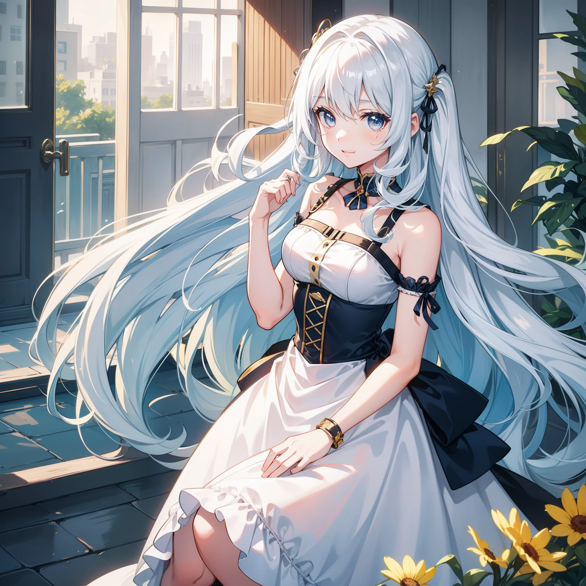 A long yellow curly hair，Blue-white eyes，The girl with red-rimmed eyes said，Her voice was soft，The figure is also very good，The smile on her face can tell that she is an approachable girl，Stand at the door of the department