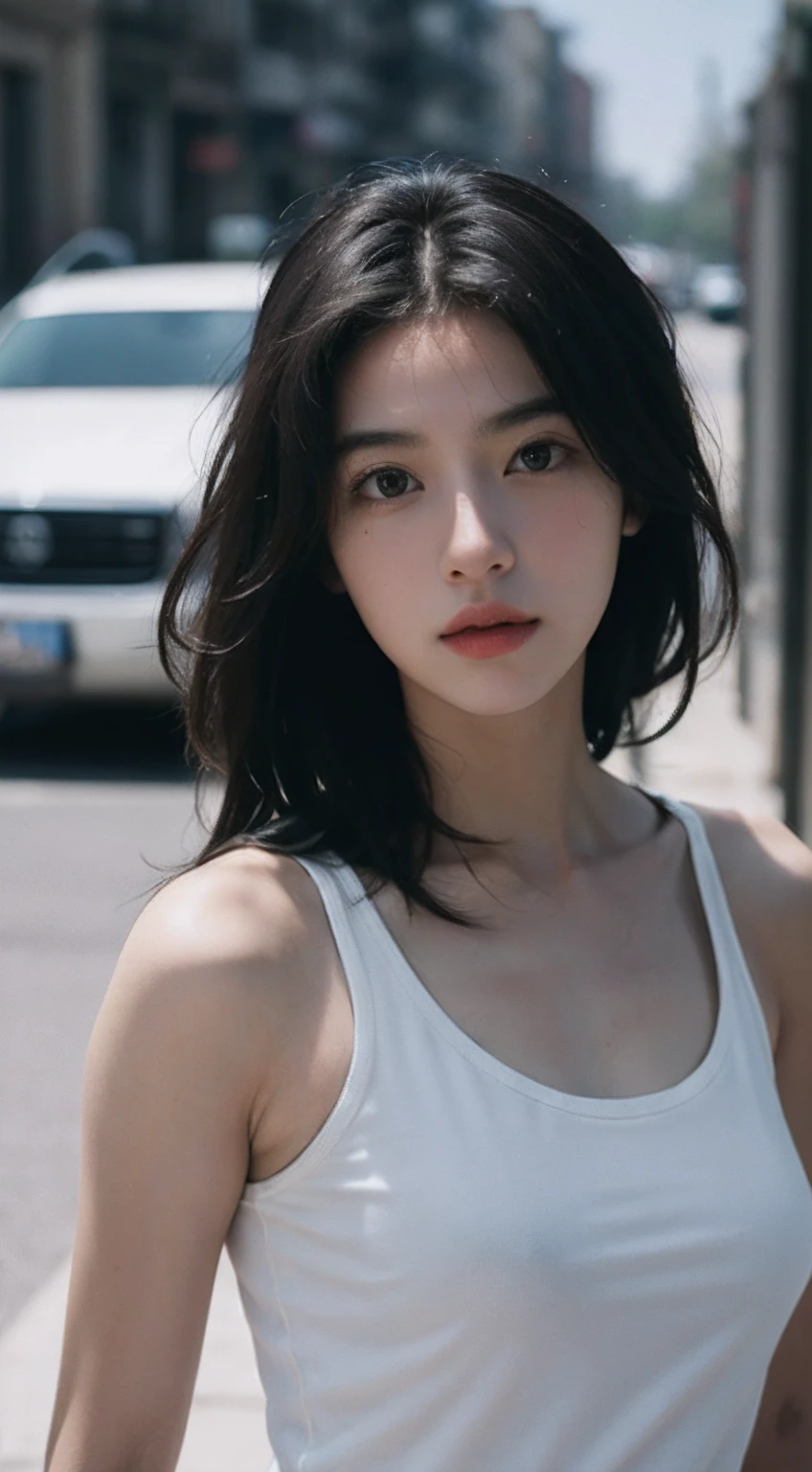 Best quality, masterpiece, ultra high res, (photorealistic:1.5), raw photo, 1girl, white tank top, street background , deep shadow, low key, cold light, sexy look, long hair