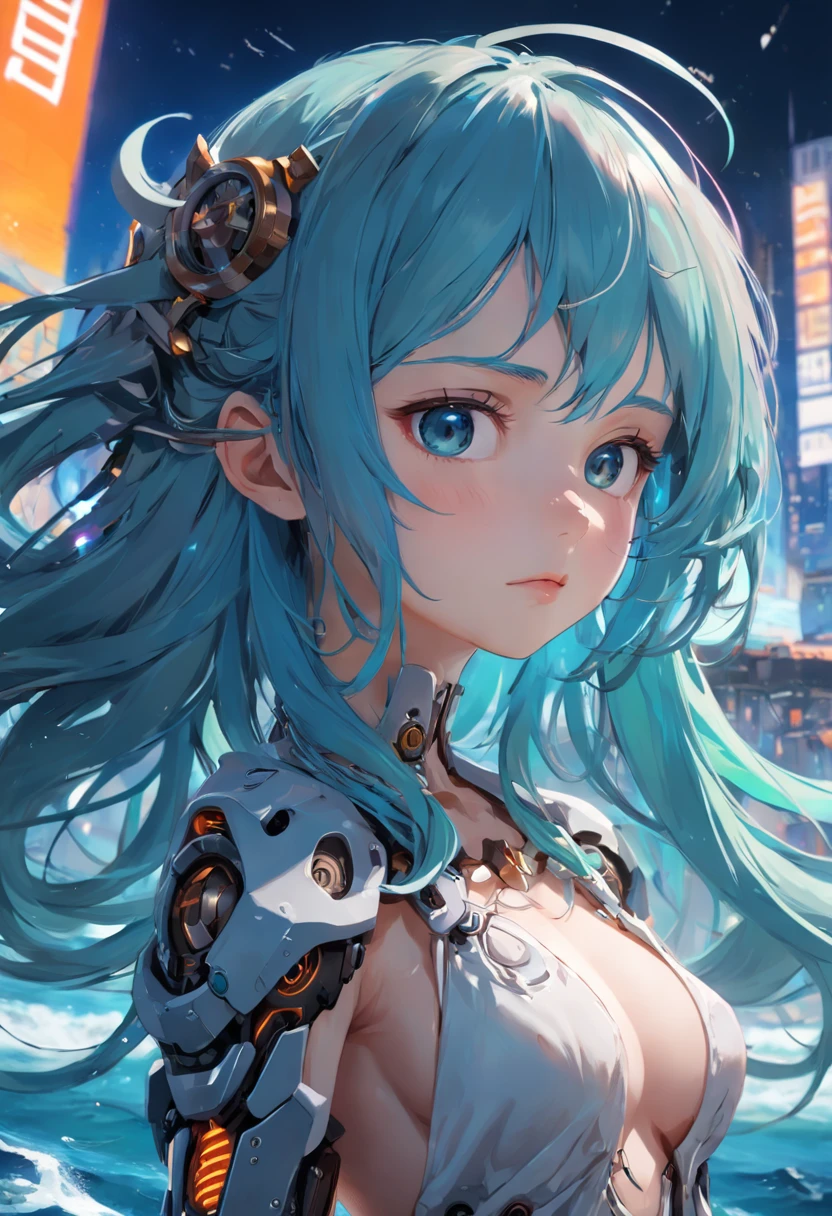 The best quality, high resolution, detailed 4k CG, masterpiece, amazing art, fine details, high details, complex details, blue long hair, girly feeling, big eyes, pure desire, lovely, young and beautiful, immortal,Flying ,, light and shadow, light,Gorgeous clothes,sea,Cyberpunk, mecha girl, mechanical body