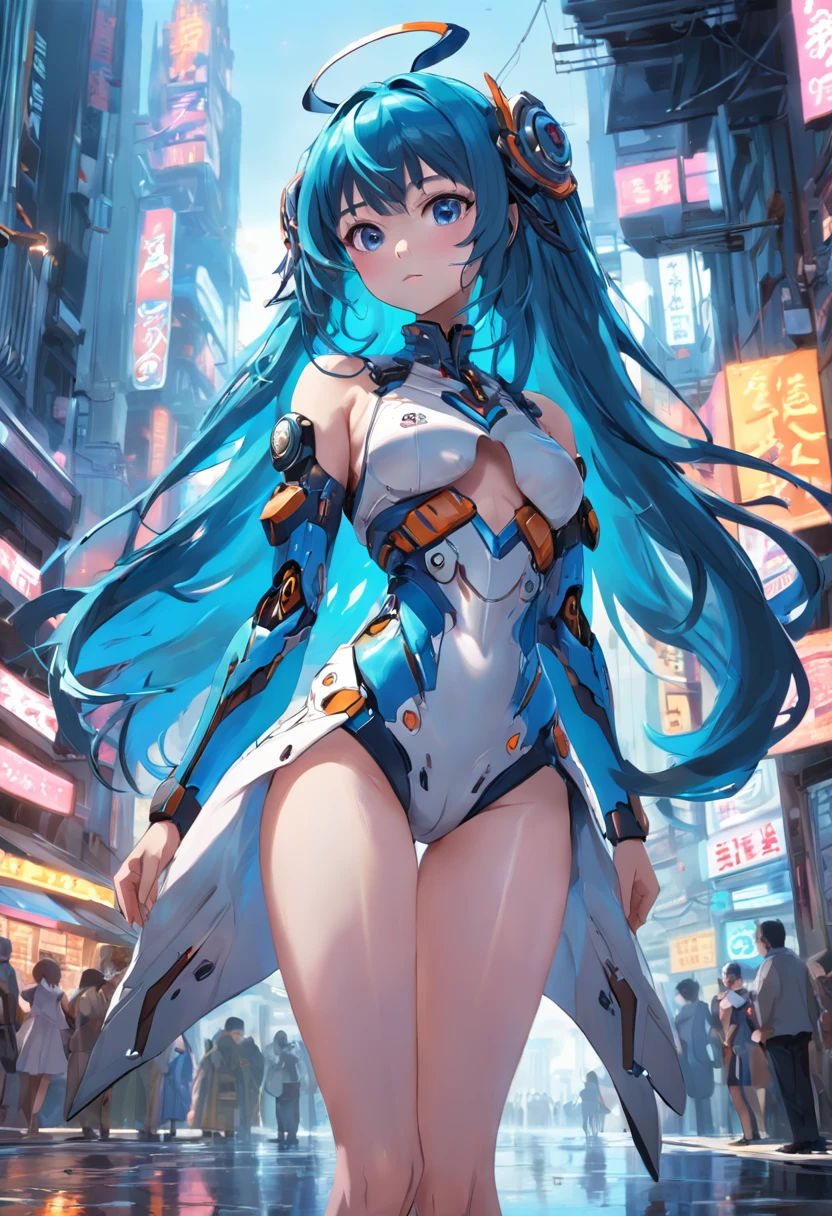 The best quality, high resolution, detailed 4k CG, masterpiece, amazing art, fine details, high details, complex details, blue long hair, girly feeling, big eyes, pure desire, lovely, young and beautiful, immortal,Flying ,, light and shadow, light,Gorgeous clothes,sea,Cyberpunk, mecha girl, mechanical body
