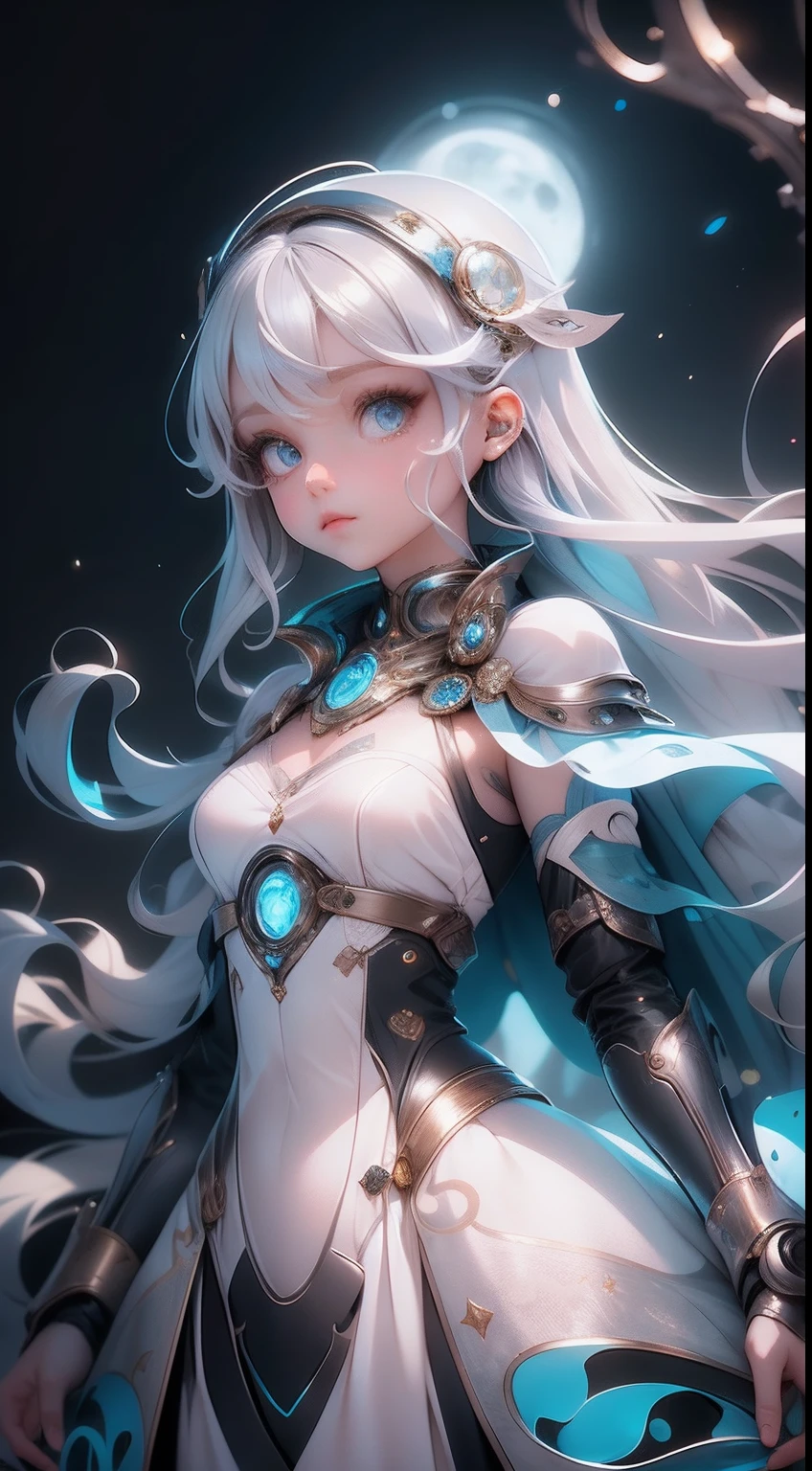 1girll, Solo, Super fine illustration, An extremely delicate and beautiful, Best quality, Silver hair, Blue eyes, Cute, Lovely, elegant, moon surface, Moonlight, Dazzling, Shining, Radiant, Sparkling, magical, Dreamy, Enchanting, Ethereal, mistic, Otherworldly, Celestial, Futuristic.