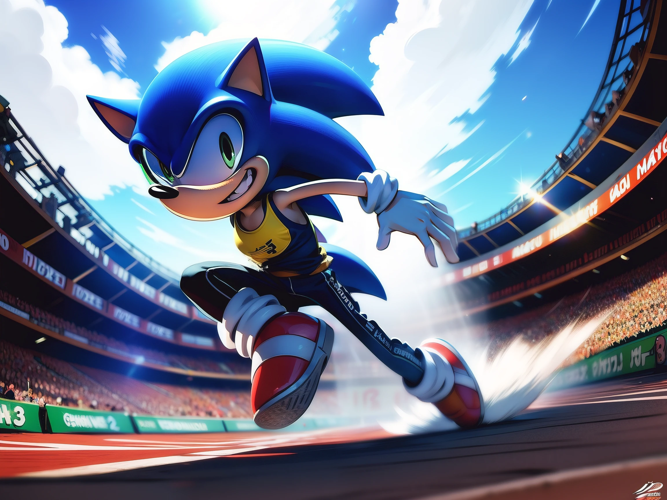 sonic the hedgehog dressing as a matathonist with number one stamped, winning a race (crossing the finishing line) happy and jumping, looking at the viewer, intricated details, anime style, looney tunes style,ps3 era graphics style, 4k