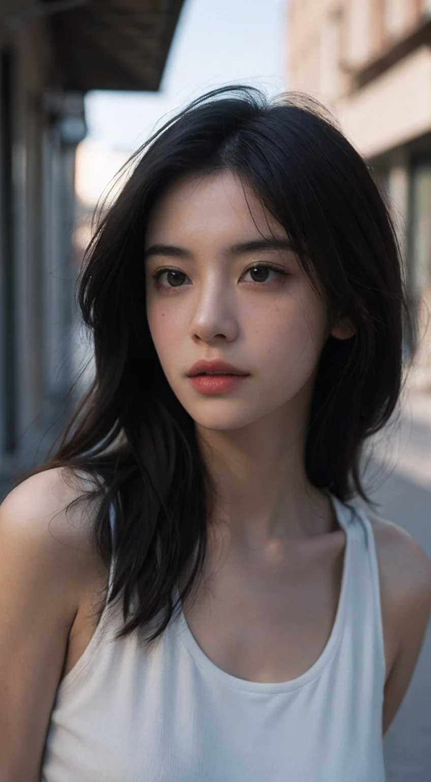 Best quality, masterpiece, ultra high res, (photorealistic:1.5), raw photo, 1girl, white tank top, street background , deep shadow, low key, cold light, sexy look, long hair