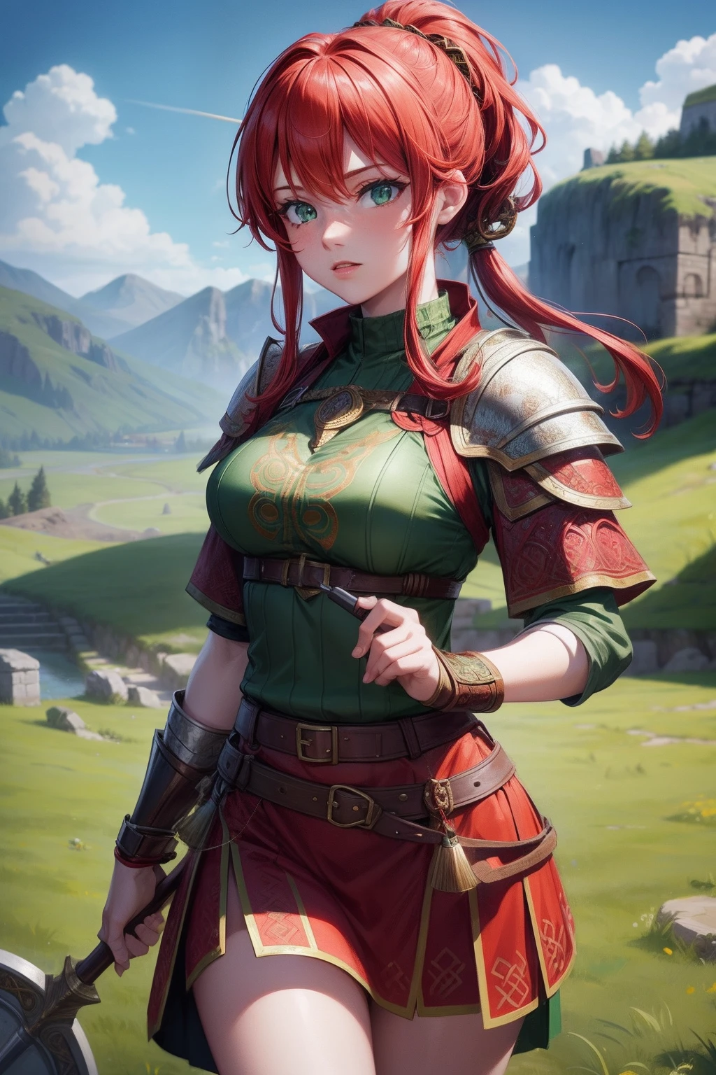 young girl, red hair, celtic outfit, celtic paint of war, holding a spear, preparated to the war, celtic armor, green eyes, 4k, on green lands