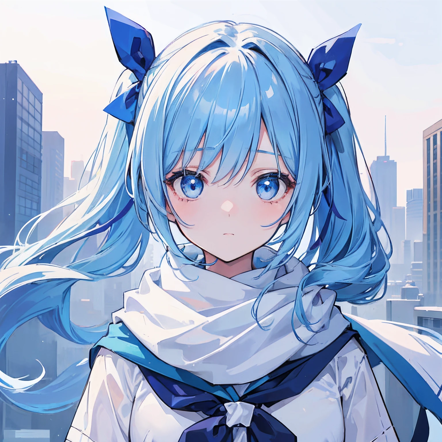 1girl, with light blue twintails hair and blue eyes, wearing 2 hair ribbon and a blue and white school uniform. The scene is set in winter, with the girl looking directly at the viewer. This image can be used as a profile picture.City background.Masterpiece,high-quality,absurdres,scarf