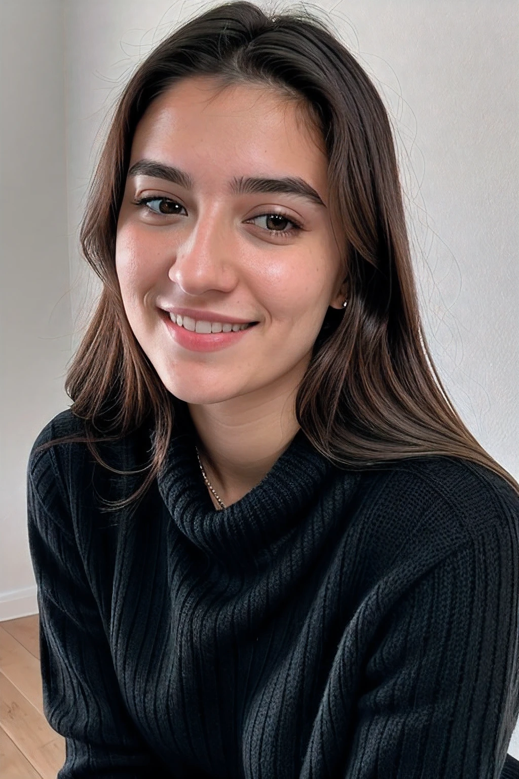 Instagram-Foto, Nahaufnahme Gesicht Foto von 23 Y.o Chloe im schwarzen Pullover, Spaltung, blasse Haut, (smil:0.4), Harte Schatten