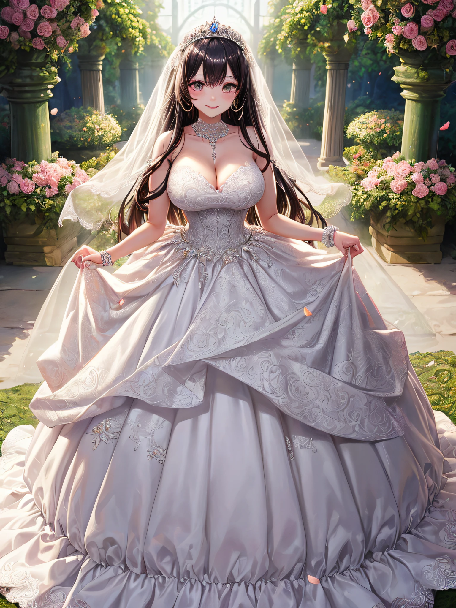 (masterpiece, best quality:1.2),1girl, (solo), cute, kawaii,digital art,((1 princess wearing beautiful embroidery and jeweled gorgeous princess ballgown wedding dress with voluminous full length hoop skirt)),crinoline,((gorgeous embroidery and beautiful lace)),(very gigantic boobs,cleavage,skindentation),((shiny hair,Bangs between eyes,voluminous straight hair,extremely Long straight Hair)),finely detailed face and eye,smile,extremely gorgeousfull jeweled tiara,((bling-bling gorgeous gemstone jewelry)),long wedding veil,((standing in beautiful garden)),flowers,flower petals flowing,((beautiful embroidery and jeweled gorgeous princess ballgown wedding dress with voluminous full length hoop skirt))