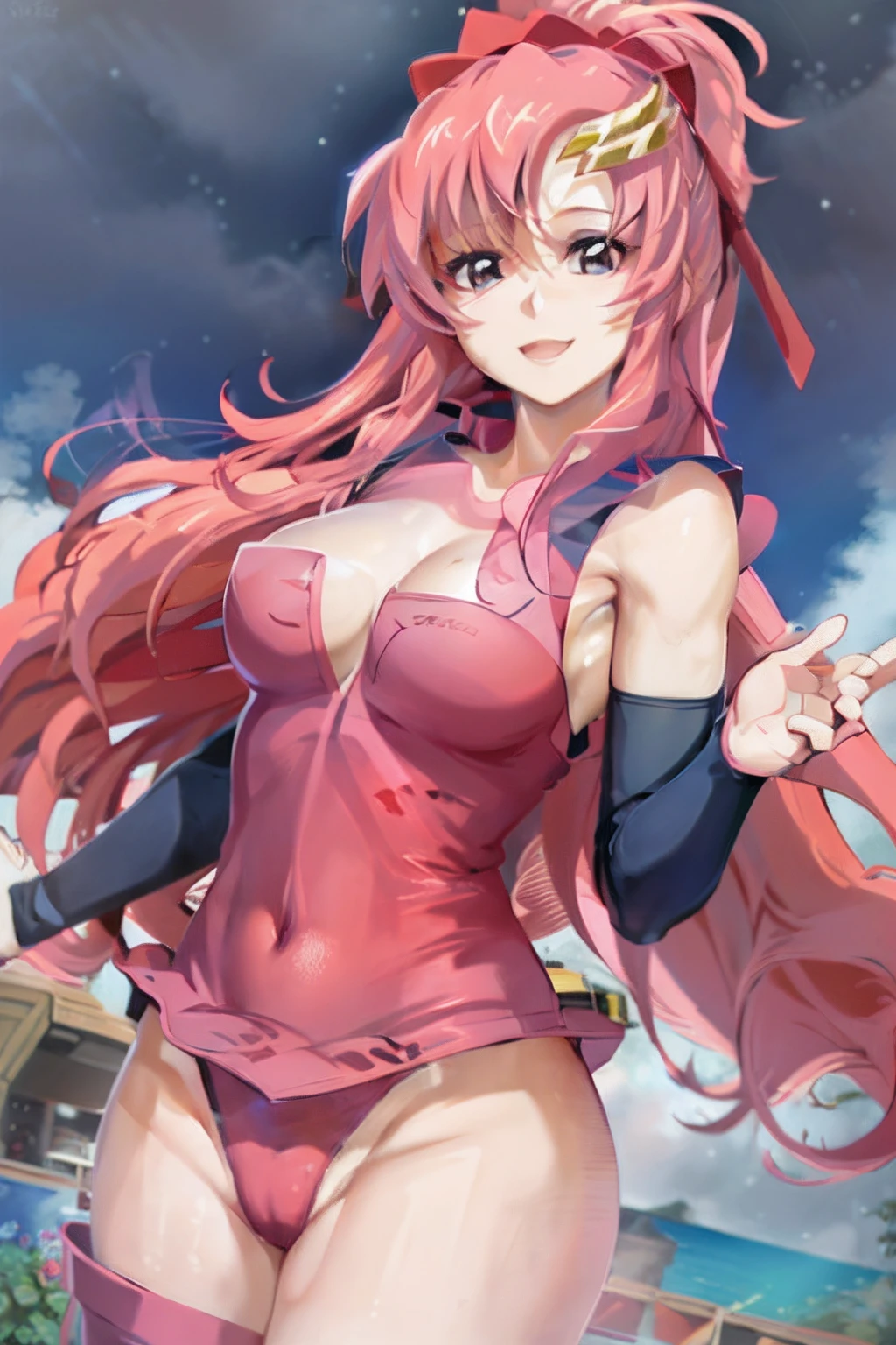 (masterpiece, 4K, Best Quality, Anime style: 1.9, bold drawing lines, High color saturation, Detailed face, tall, Adult Woman, lovely, (cloud background), Drawing lines, high resolution, Anime, lacus4), 1girl in, Solo, curvy figure, Long hair, 鎖骨, scapular, Wavy Hair, Detailed wide hair bangs, Hair Ornament, Detailed reddish-pink hair, cleavage, large hands, Big blue eyes, Smile, closed mouth, very slim belly, Very happy, closed fists, (laughing, open mouth), ((medium breasts)), (wrestling leotard), elbow pads, strong arms, biceps, rib lines, high ponytail, long belly, lip stick, (lean forward)