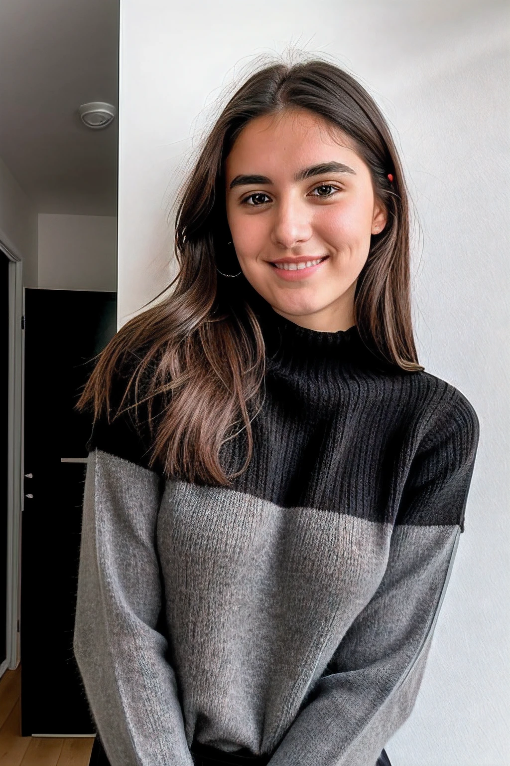 Instagram-Foto, Nahaufnahme Gesicht Foto von 23 Y.o Chloe im schwarzen Pullover, Spaltung, blasse Haut, (smil:0.4), Harte Schatten