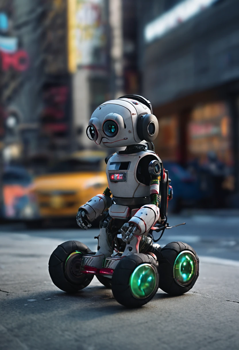 Wheeled robots,Doll companion, Made of plush fabric, adolable, In the cyberpunk universe, cyber punk style, primitive, Realist Fuyo ·, cinematic ligh, simulating, 8K UHD, Digital SLR, high high quality, Film Particle, Fujifilm XT3, Works of art by Rutkovski and Algham, cinema, Adobe Lightroom, photolab (ultra-realistic realism)