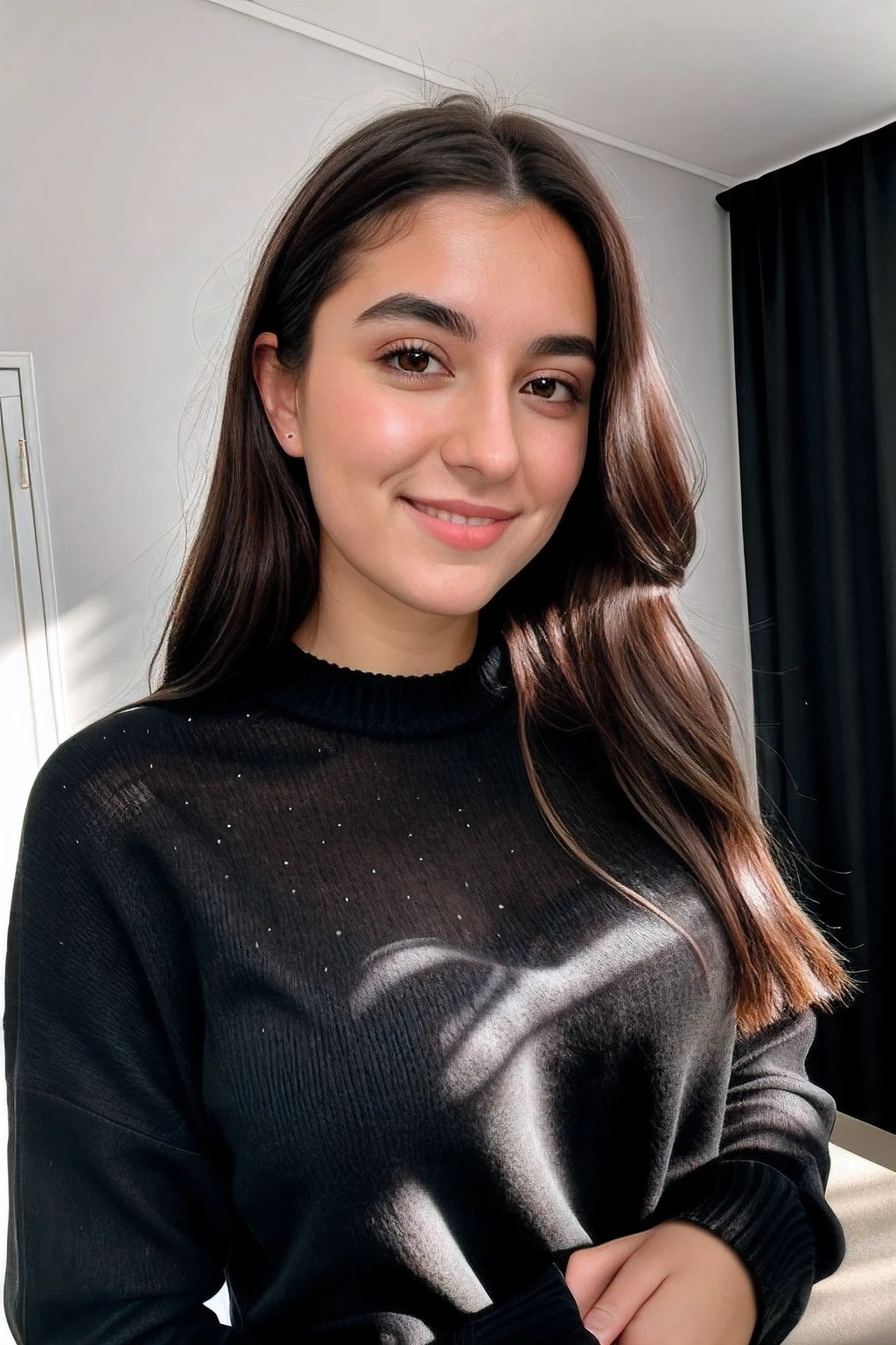Instagram-Foto, Nahaufnahme Gesicht Foto von 23 Y.o Chloe im schwarzen Pullover, Spaltung, blasse Haut, (smil:0.4), Harte Schatten