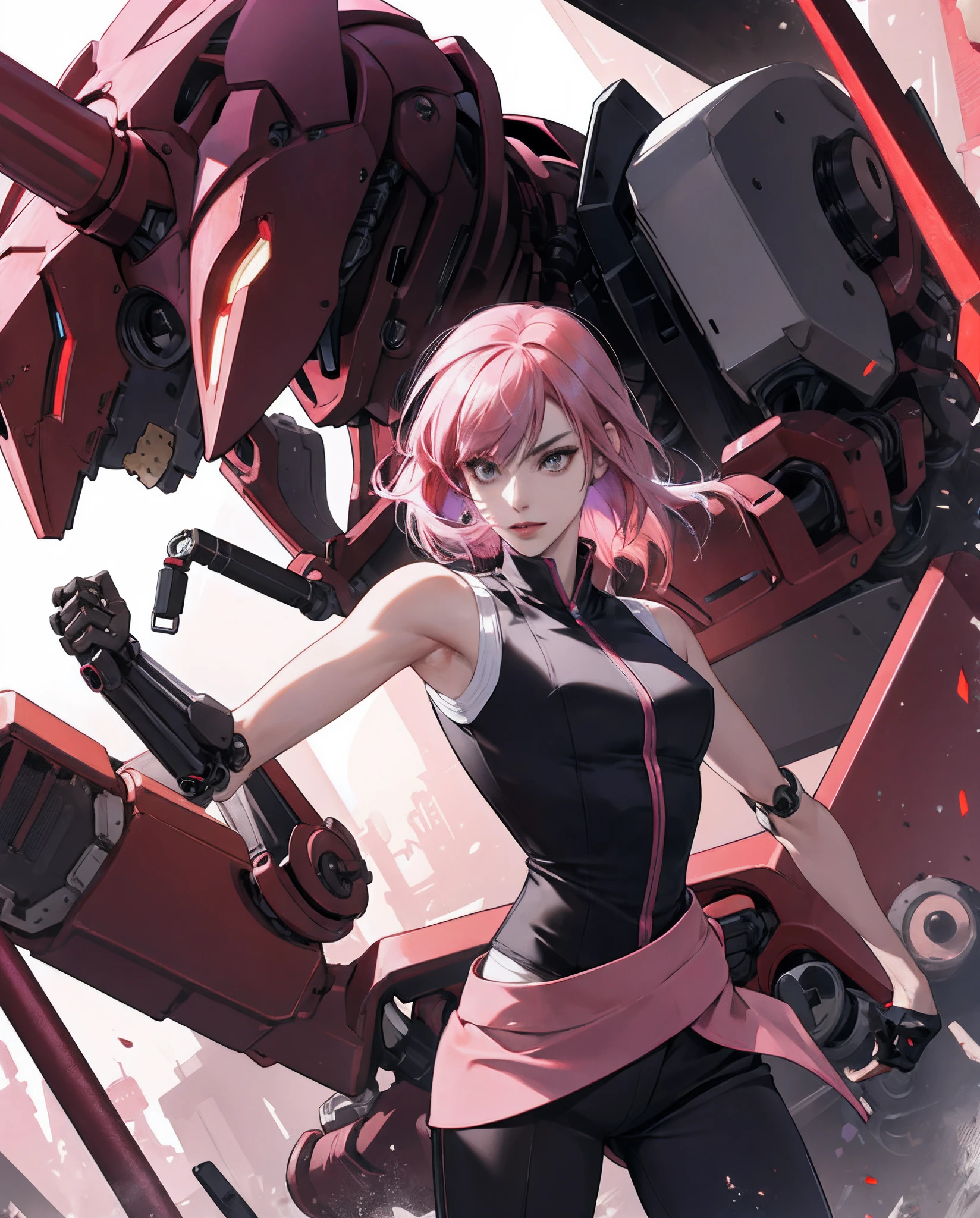 Aife, woman, mechanical robot arms, scarlet pink hair, masculine, sleeveless, black pants