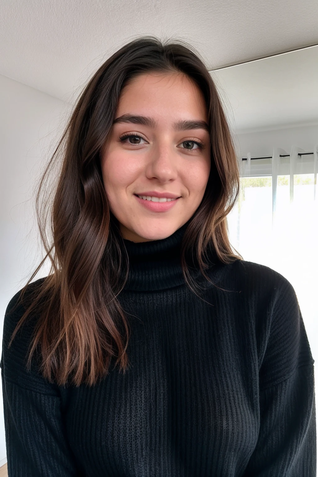 Instagram-Foto, Nahaufnahme Gesicht Foto von 23 Y.o Chloe im schwarzen Pullover, Spaltung, blasse Haut, (smil:0.4), Harte Schatten