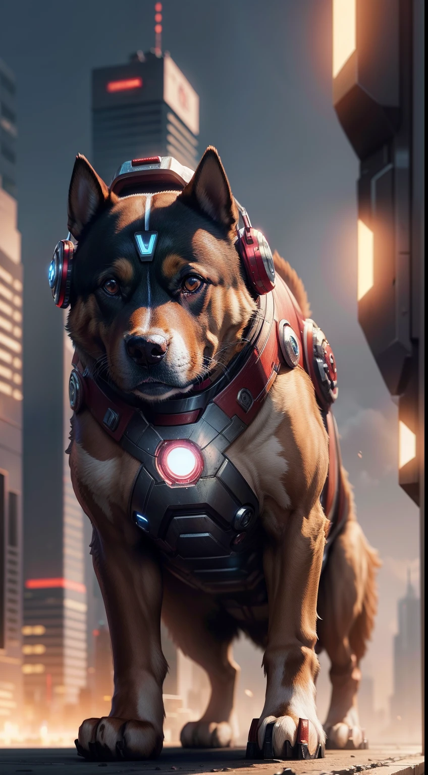 A dog as Ironman, futuristic city, 16k wallpaper, aesthetic wallpaper, best quality, bright lighting