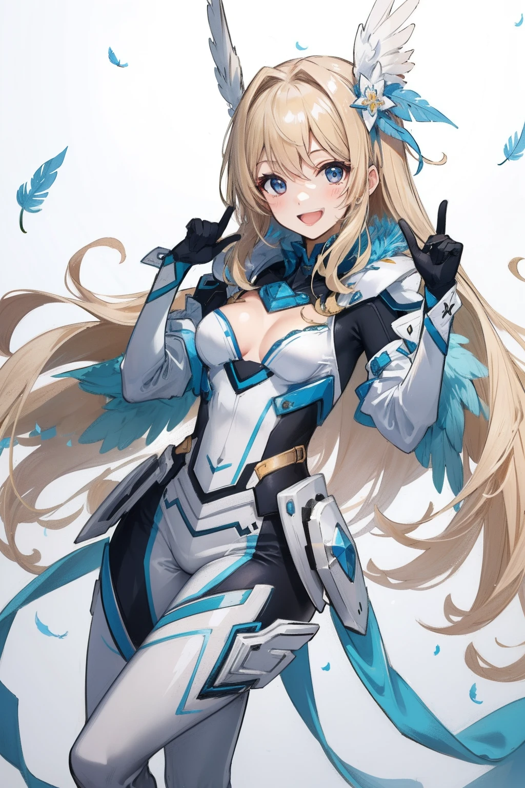 close the feather wings, cackle, cheerful smile, laugh, kawaii, medium breast, looking at viewer,