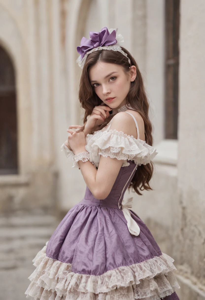 Lolita prostitute，Lolita, young princess，Wearing underwear，Lolita prostitute，rokoko，Noble Purple Dress，Baroque style，courtyard，high tea，in a courtyard, White Ruffled Ankle Socks