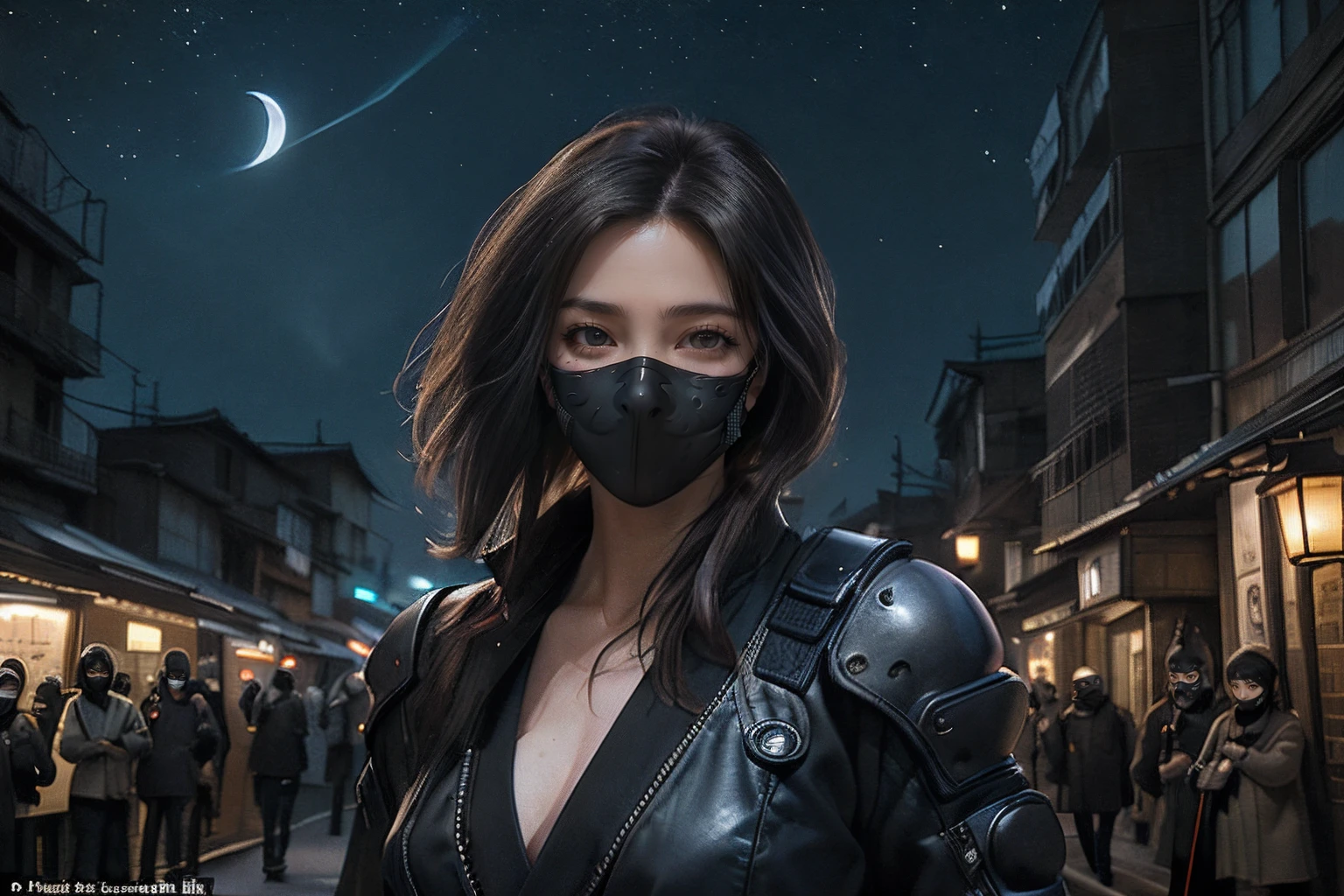 masterpiece, best_quality, realistic,1girl, cyberpunk, architecture, black_hair, brown_hair, building, city, japanese_clothes, (ninjia, weapon, black ninja_mask:1.3), scenery, night, star_(sky), tokoy_tower, moon