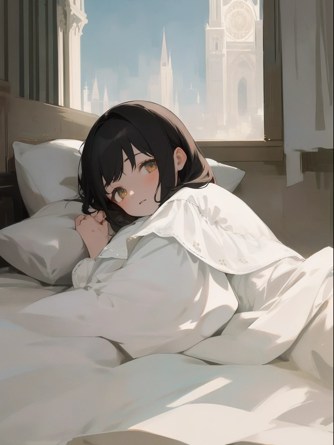 ​masterpiece, top-quality, 1girl in, The upper part of the body, lying on one's side、shorth hair, , A dark-haired, tower、white  clothes, frilld、number of people: alone
action: going to bed、Heartwarming、half eyes