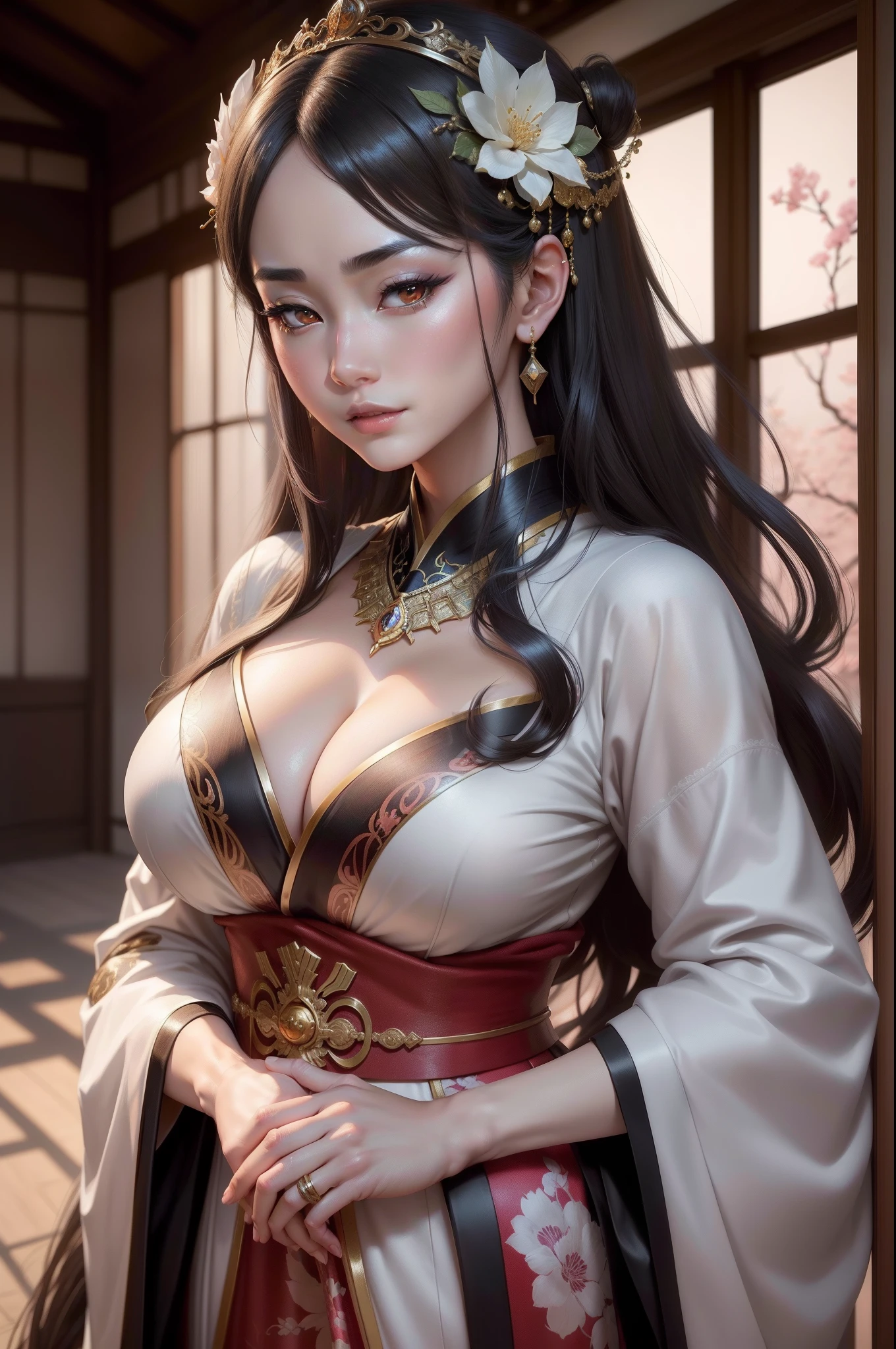 (8K,Photorealsitic　Raw photography　top-quality;1.4) 1 Mature Woman) Super Beautiful Japan Mature Goddess　(Lifelike face)　Close up portrait of big breasted woman in costume, Japan Mature Goddess, a beautiful fantasy empress, beautiful alluring anime woman, artwork in the style of guweiz, 8k high quality detailed art, very detailed Artgerm, palatial palace ， Han-style, beautiful character painting, Anime Mature Goddess, Seductive Anime Women　Black and white Japan kimono　(outfits)　超A high resolution　Beautiful expression　A hyper-realistic　(real looking skin)　Ultra-high density　(masutepiece, Best Quality, Photorealistic, hight resolution, Photography, :1.3)　Fancy makeup