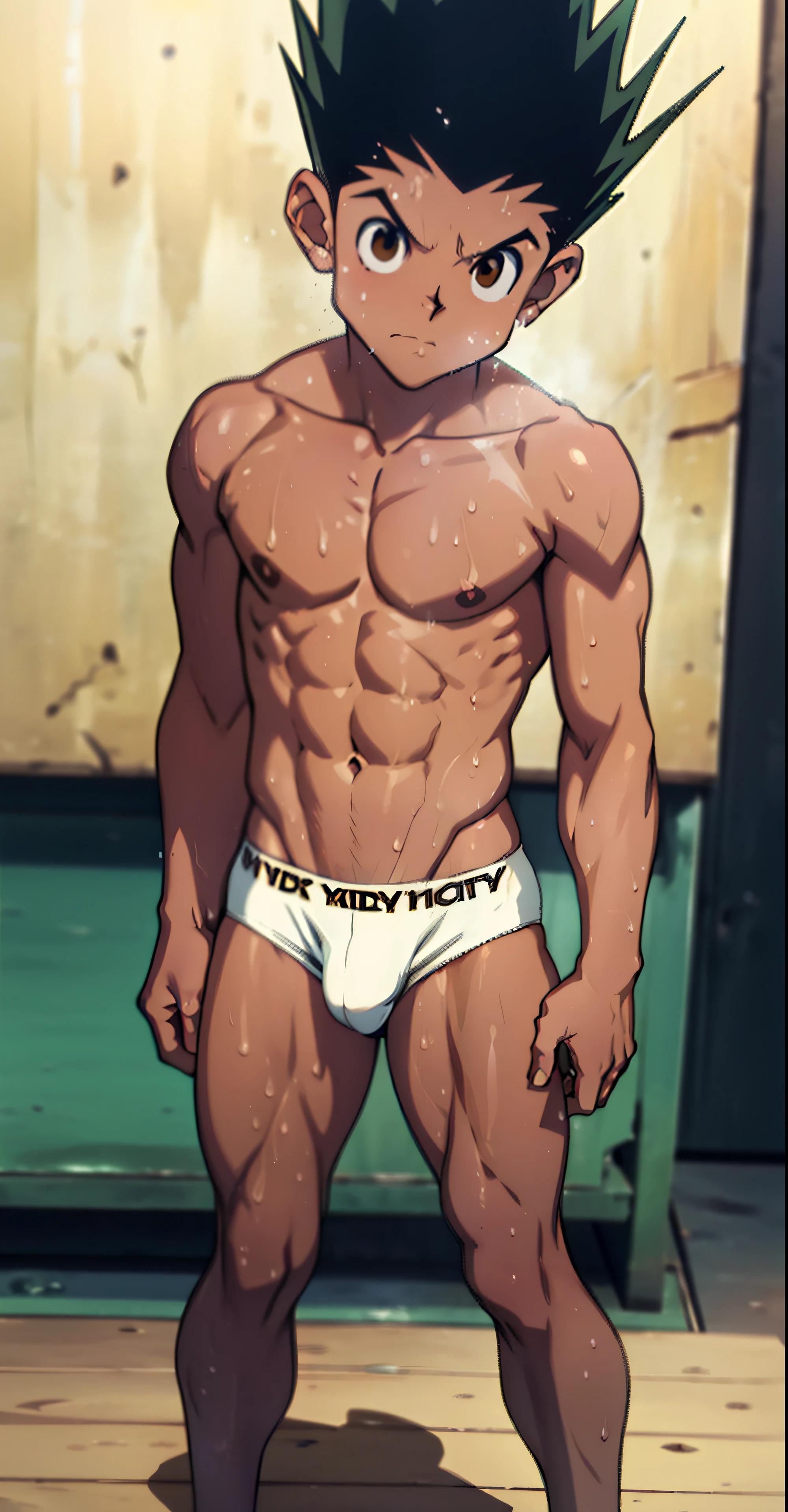 full body, 13 year old boy anime , topless, shirtless, cute baby face, toned body, huge strong thigh muscles, muscular arms, sweat dripping, wearing triangle underwear  , underwear bulging due to genitals, white underwear, hands behind back (photo angle from bottom up)