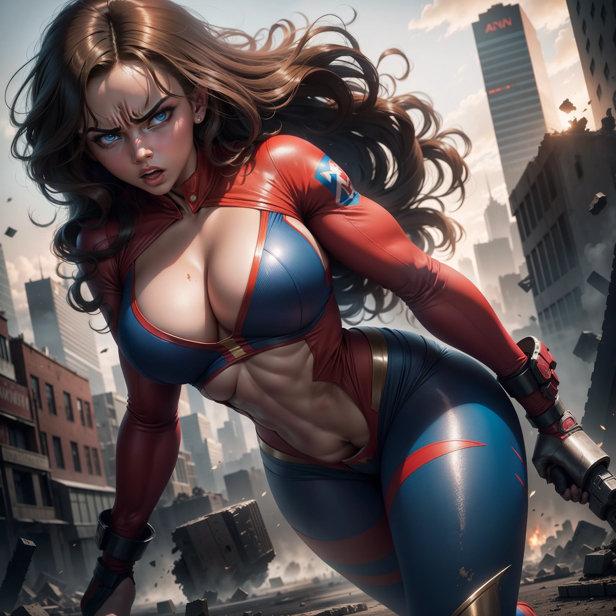 Superwoman, busty, muscular, Ana de Armas, angry, ruined city background, red costume with blue details, straight pose