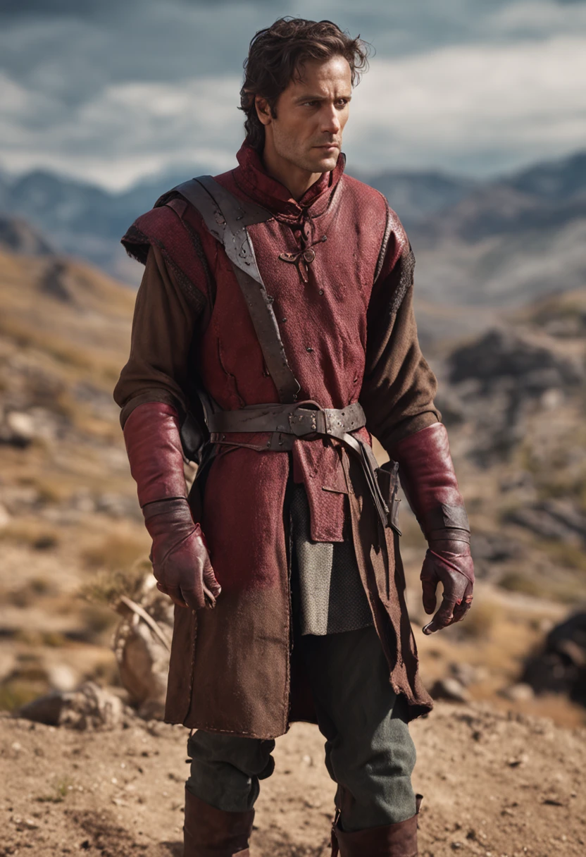 A medieval man with short brown hair and brown eyes. left half of his face has a scar . his clothes looks like a poor noble main part is red with specs of iron. iron belt. lether gloves on his left hand 8k human