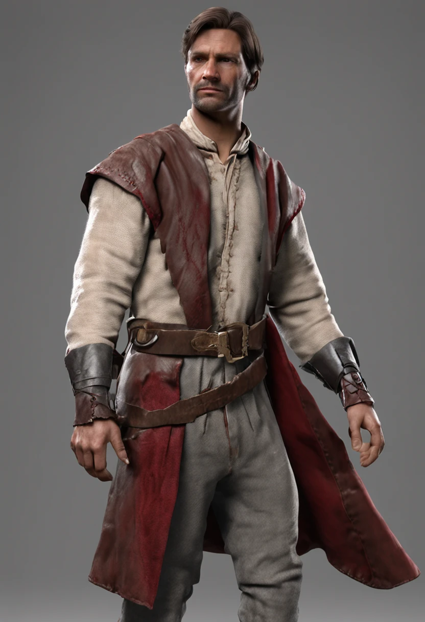 A medieval man with short brown hair and brown eyes. left half of his face has a scar . his clothes looks like a poor noble main part is red with specs of iron. iron belt. lether gloves on his left hand 8k human