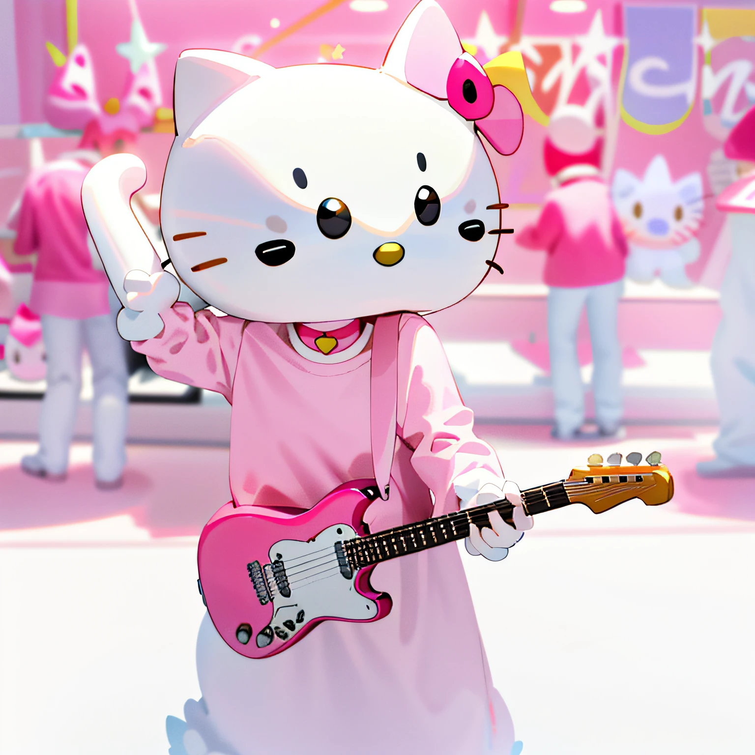 Hello Kitty poses for a photo with a guitar, Hello Kitty, white cat in a pink dress, pink iconic character, elokitty, Hello, appearing in a shopping mall, rocking out, Masterpiece!!!!, wax figure, he is a rockstar, high quality upload, very beautiful cute catgirl, Hey, Masterpiece!!, Performing on stage, Masterpiece!