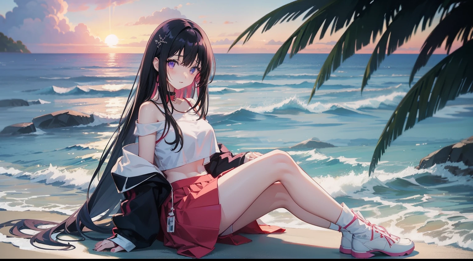 anime style photo of spring vasu, anime girl with long black hair and purple eyes, Off shoulder tight tshirt, red crop top, white skirt, in a beach, watching ocean, wearing white long boots, in a sunset, sitting holding knees at a beach, full body shot, Tuck sitting, anime style,