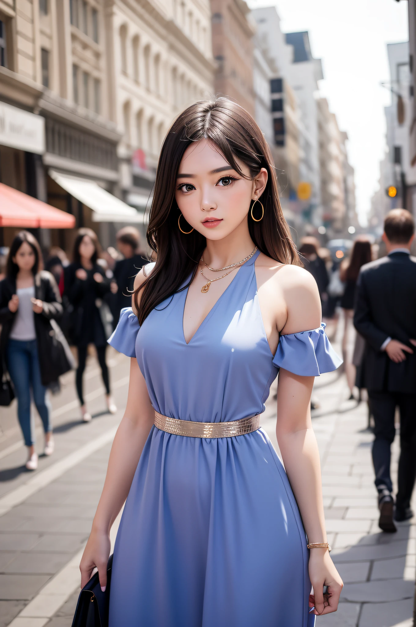 a girl beautiful doing fashion show in the street of crowded people