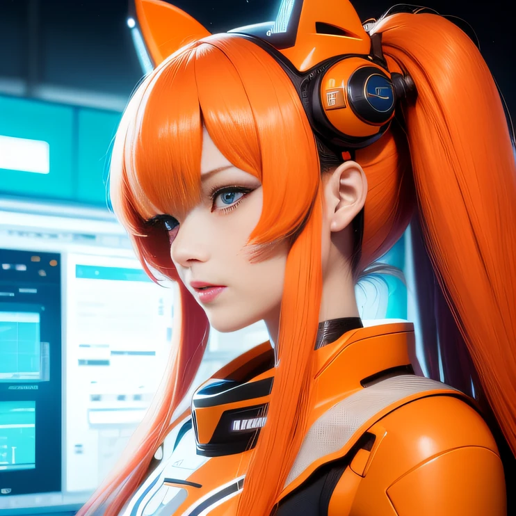 Highest image quality，Outstanding details，超高分辨率，（fidelity：1.4），The best illustration，Favor the details，Highly cohesive 1girl，He has a delicate and beautiful face，Dressed in a light orange mech，wearing a mech helmet，Hold the direction controller，Riding on a motorcycle，The background is a high-tech lighting scene in the future city。