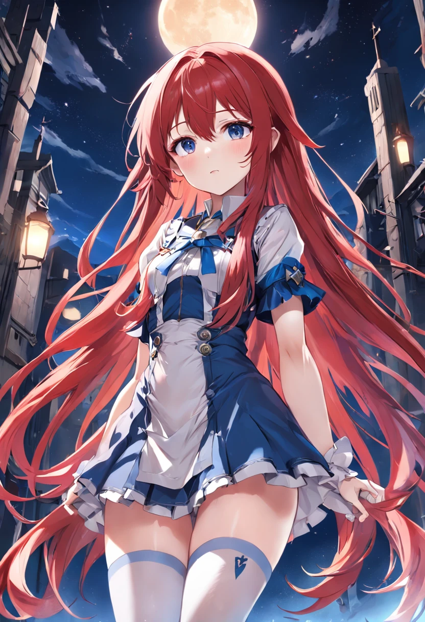 Red long-haired，Western Fantasy，Magical fantasy，Faraway view，White and blue clothes，white stockings，animemanga girl，Facial detailed，Cute expressions，Moon