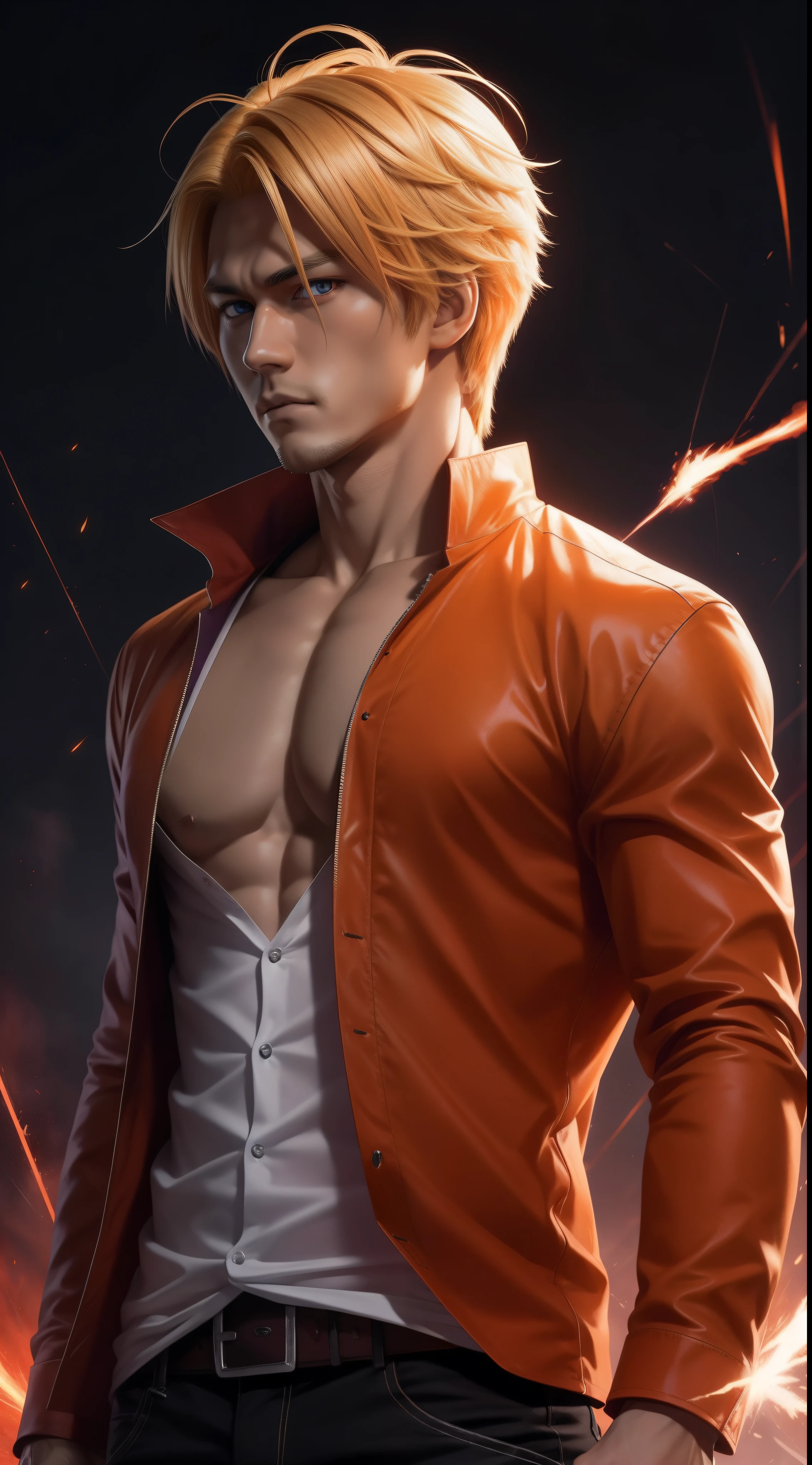 Hot profile picture, masterpiece, extremely accurate rendering, cool handsome Kurosaki Ichigo, blond hair, looking at viewer, solo, reliable, savior of the world, simple design, beautiful image best, 8K, light red eyes, original orange clothing style according to the characters in the story, reflecting the red and purple sparks on the chest.