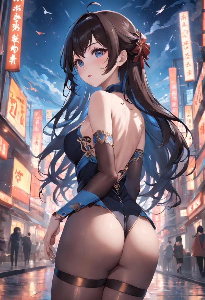 Break through the sky, Xiao Xun'er，Tall and sexy，brunette color hair，Beautuful Women，Bigchest，Full body photo，blackstockings，with fair skin，Wearing a precious necklace，Superb beauty，Eyes with affection