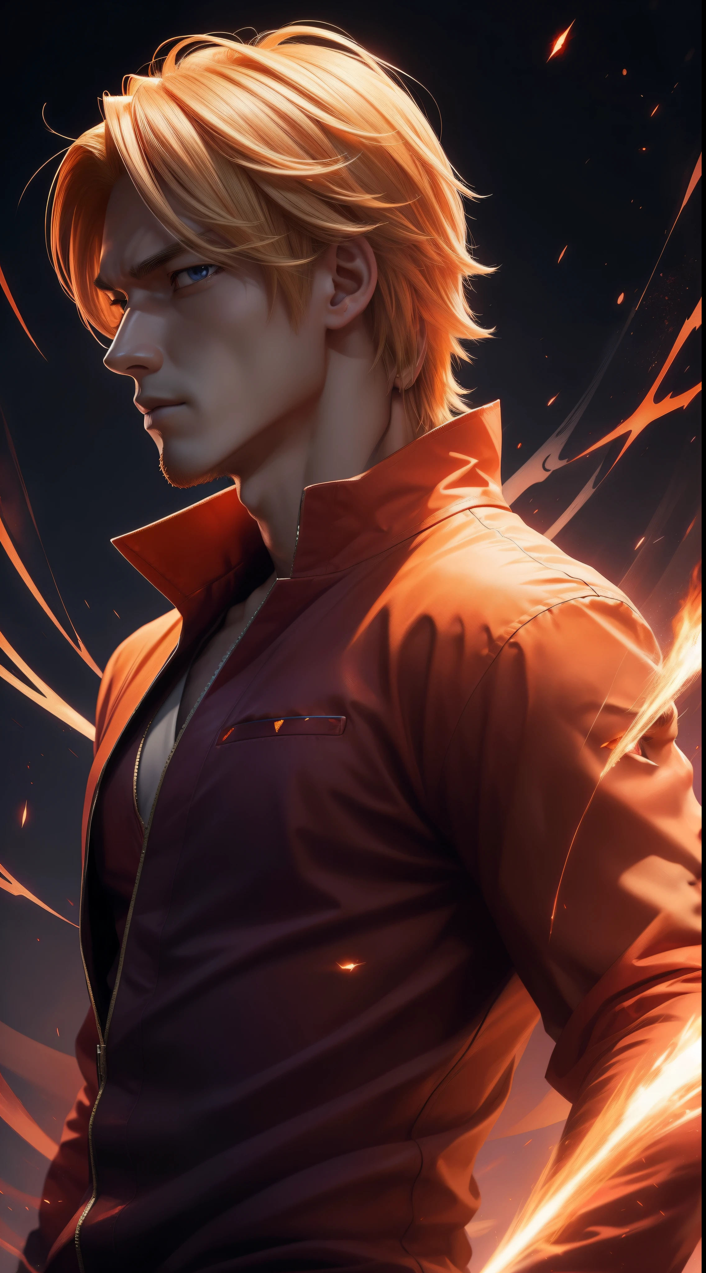 Hot profile picture, masterpiece, extremely accurate rendering, cool handsome Kurosaki Ichigo, blond hair, looking at viewer, solo, reliable, savior of the world, simple design, beautiful image best, 8K, light red eyes, original orange clothing style according to the characters in the story, reflecting the red and purple sparks on the chest.