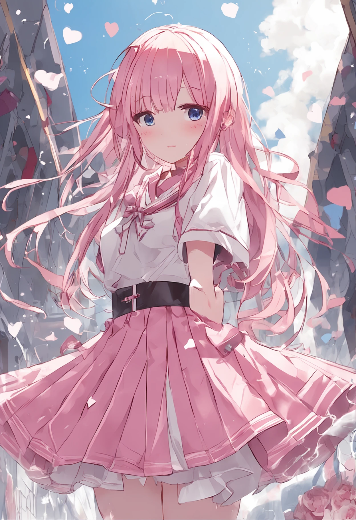 Sweet rain、Beautiful illustration、top-quality、Cute little girl s、Bedroom、A pink-haired、long whitr hair、(((Pink pleated skirt)))、(((Pink sailor suit)))、short- sleeved、huge tit、a navel、Flipping up her skirt with her hands、showing white panties、Pull up the skirt，The reveal panties、blacksilk、Beth、eBlue eyes、Heteropupil、on top of the bed、Lovely thighs、glowing thigh