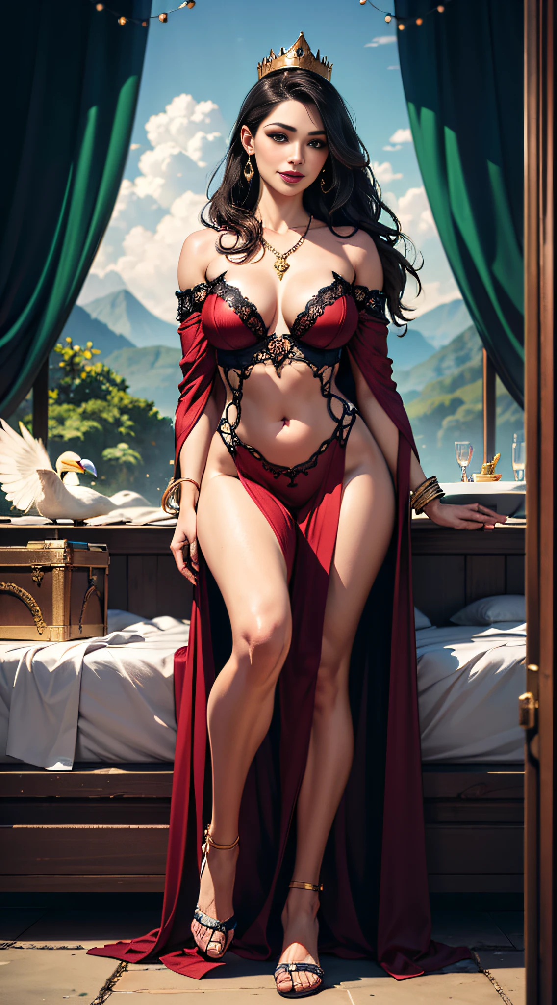 (concept art), masterpiece, best quality, photorealistic, 8k raw photo, a portrait half-body photograph by Tom Bagshaw, tarot card style, [:(detailed face:1.2):0.2], absurdres iris textures, facing viewer, cowboy shot, (photorealistic:1.5), perfect body, a beautiful girl pureerosface_v1, smiling, ankle high heels, wearing transparent black off_shoulder_bandage_dress with gold ornaments and crown, necklace, armband, navel ring, transparent heavy lace cloak made of swan feathers, big boobs, green eyes, long legs, long green hair, rim lighting, lying on bed inside a silky luxurious tent, treasure chests, hills, rainforest, blue sky, clouds, sun style-hamunaptra, DarkFantasy