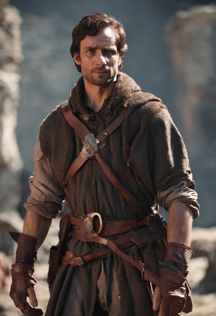 A medieval man with short brown hair and brown eyes. left half of his face has a scar . his clothes looks like a poor noble main part is red with specs of iron. iron belt. lether gloves on his left hand 8k human he wears small iron sholder pads