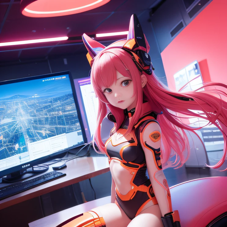 Highest image quality,Outstanding details,超高分辨率,(fidelity:1.4),The best illustration,Favor the details,Highly cohesive 1girl,He has a delicate and beautiful face,Dressed in a light orange mech,wearing a mech helmet,Hold the direction controller,Riding on a motorcycle,The background is a high-tech lighting scene in the future city。
