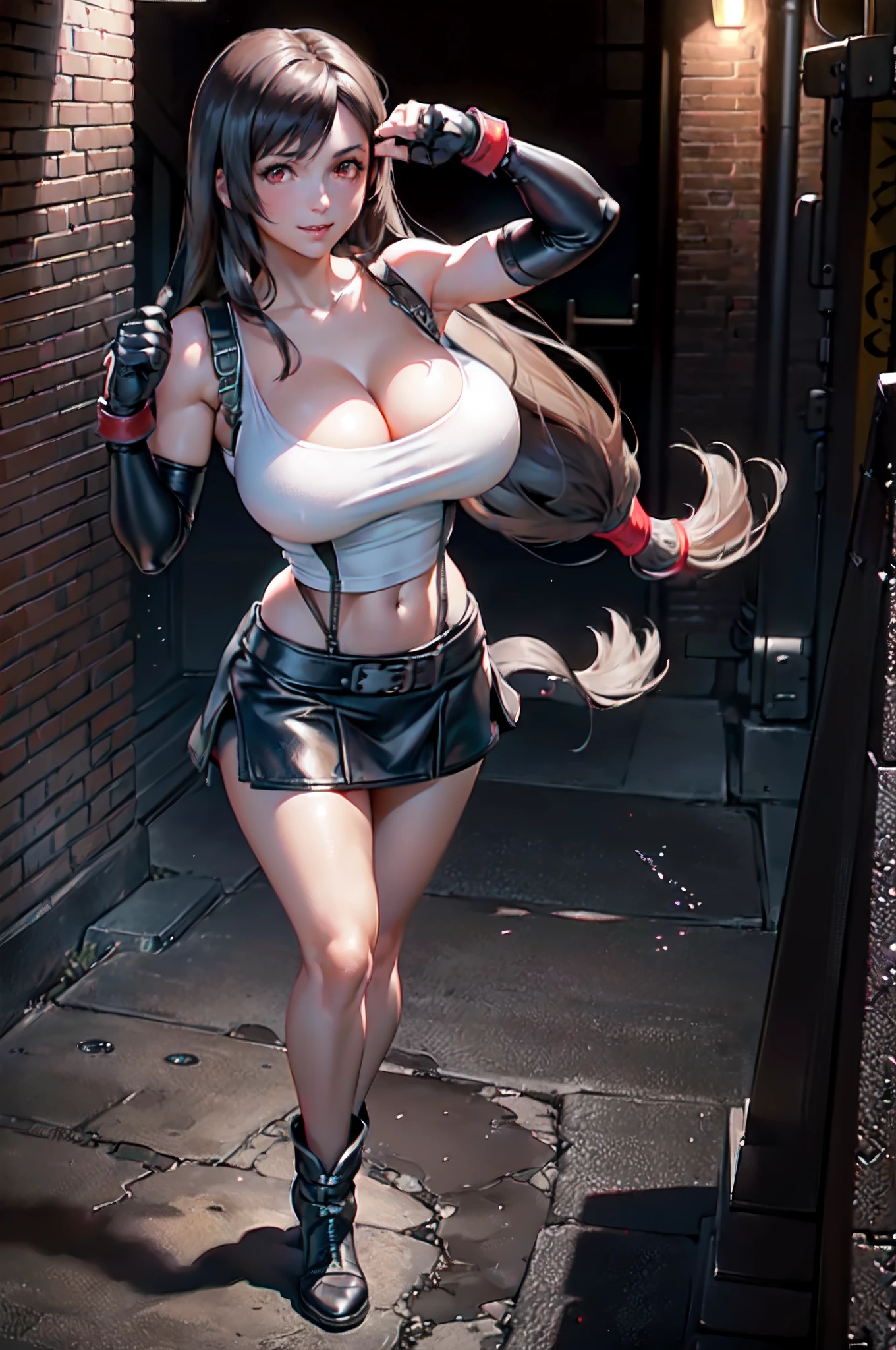 (8k, best quality, masterpiece:1.2), (realistic, photo-realistic:1.37), ultra-detailed, 1 girl,cute, solo, (tifa lockhart), ((huge breasts:1.6),(beautiful detailed eyes), (smile:1.4), winking (closed mouth), erotic pose, outside an industrial factory, depth of field, dark intense shadows, sharp focus, depth of field, good composition, Final Fantasy VII, (white tank top:1.3), (black leather mini skirt:1.3) (red gloves and boots) (full body:1.5), head rest, lips, pretty face, ((red eyes:1.3)), (night:1.2), intricate, bokeh, (Tetsuya Nomura style), nsfw, perfect breasts, view from front