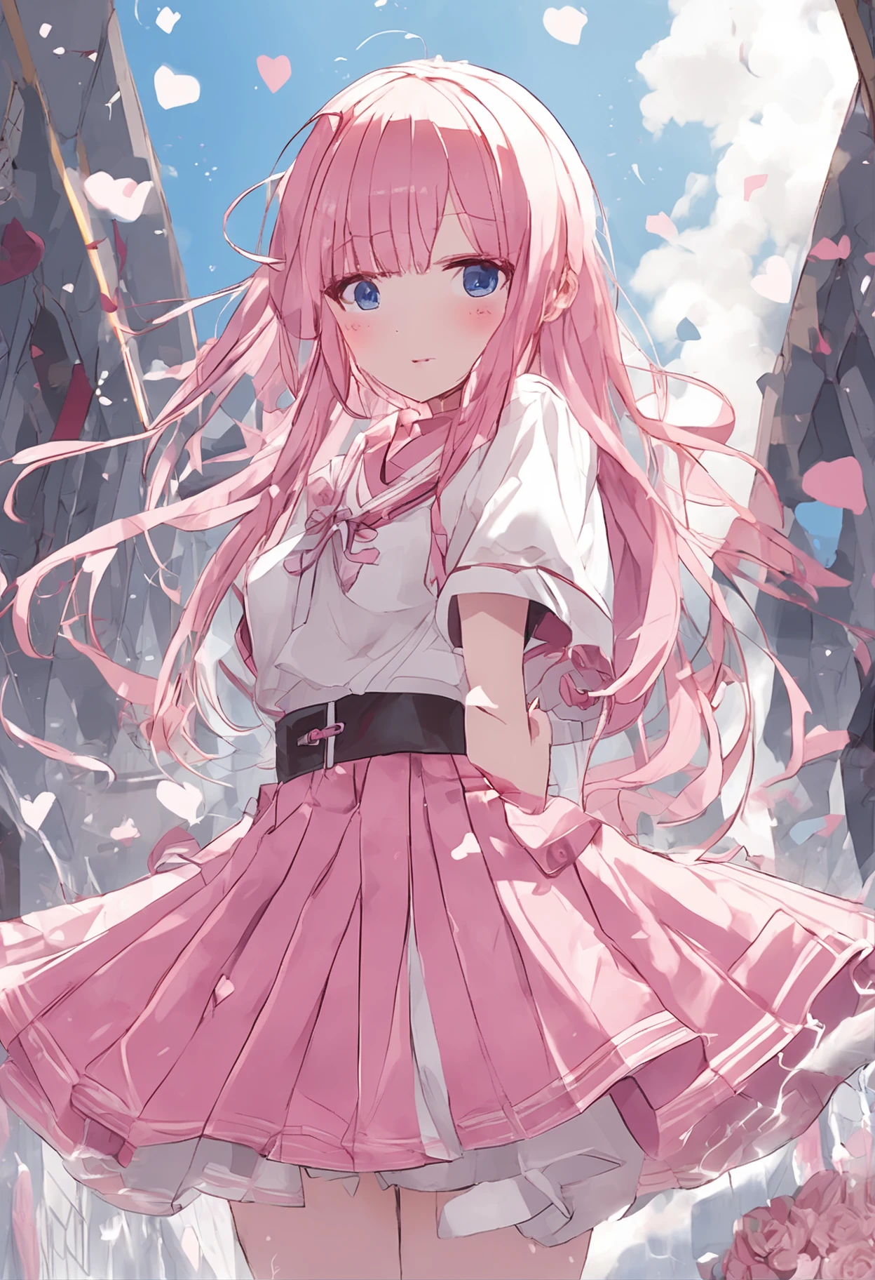 Sweet rain、Beautiful illustration、top-quality、 s、Bedroom、A pink-haired、long whitr hair、(((Pink pleated skirt)))、(((Pink sailor suit)))、short- sleeved、huge tit、a navel、Flipping up her skirt with her hands、showing white panties、Pull up the skirt,The reveal panties、blacksilk、Beth、eBlue eyes、Heteropupil、on top of the bed、Lovely thighs、glowing thigh