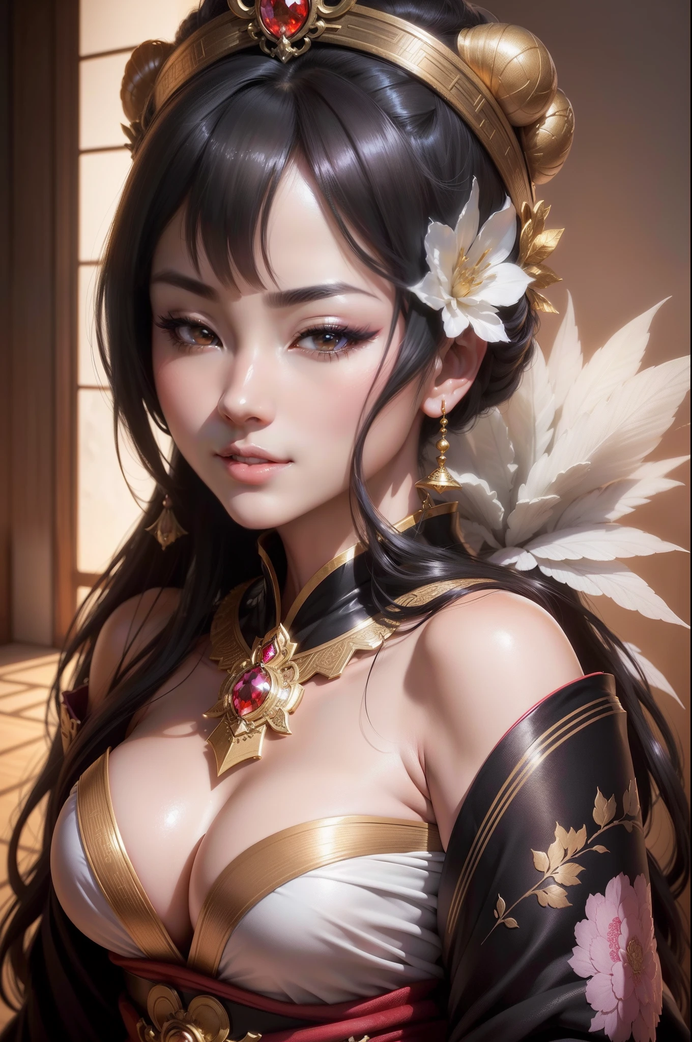 (8K,Photorealsitic　Raw photography　top-quality;1.4) 1 Mature Woman) Super Beautiful Japan Mature Goddess　(Lifelike face)　Close up portrait of big breasted woman in costume, Japan Mature Goddess, a smile　a beautiful fantasy empress, beautiful alluring anime woman, artwork in the style of guweiz, 8k high quality detailed art, very detailed Artgerm, palatial palace ， Han-style, beautiful character painting, Anime Mature Goddess, Seductive Anime Women　Black and white Japan kimono　(outfits)　超A high resolution　Beautiful expression　A hyper-realistic　(real looking skin)　Ultra-high density　(masutepiece, Best Quality, Photorealistic, hight resolution, Photography, :1.3)　Super flashy makeup　Golden eyes