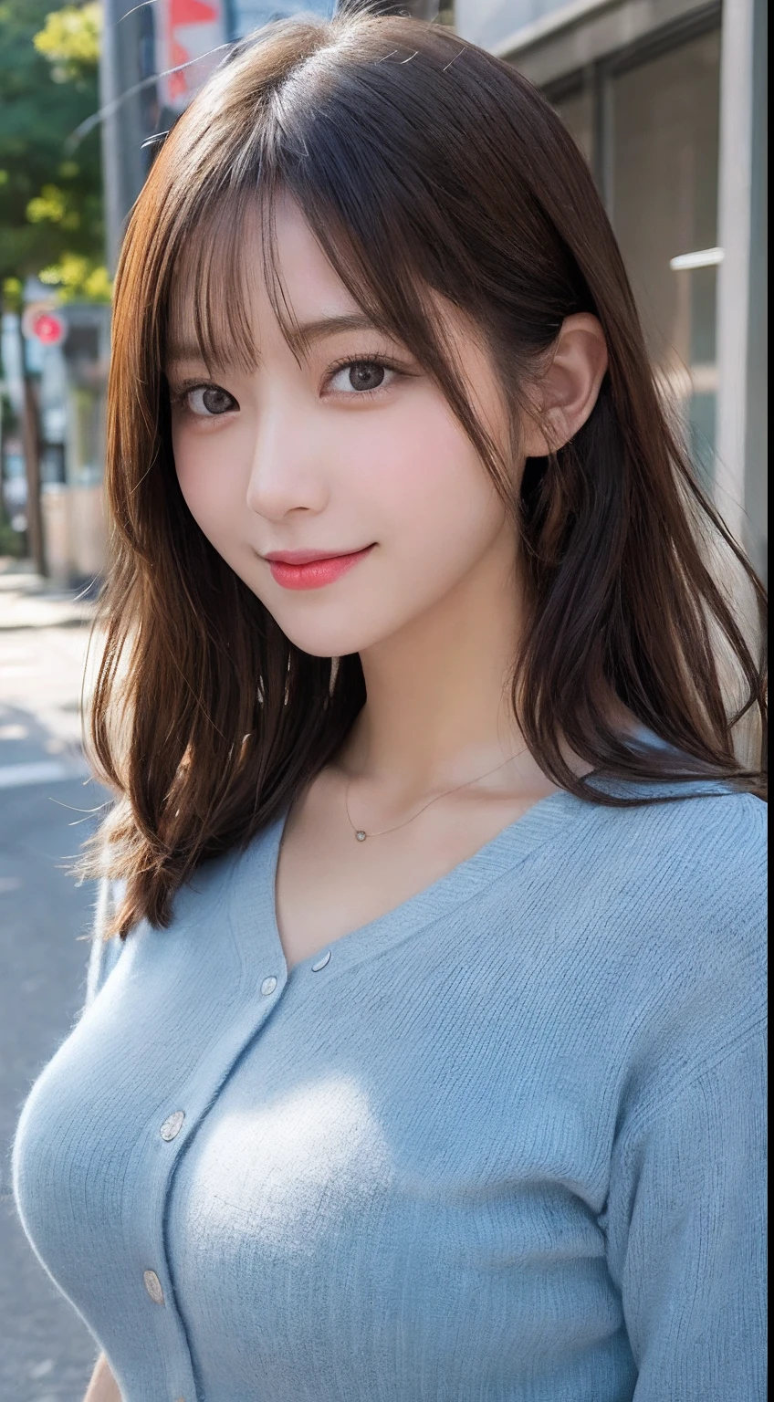masutepiece, Best Quality, Illustration, Ultra-detailed, finely detail, hight resolution, 8K Wallpaper, Perfect dynamic composition, Beautiful detailed eyes, doress,Medium Hair, Big breasts, Natural Color Lip, Random and sexy poses,Smile,Aoyama Street Walk、20 years girl