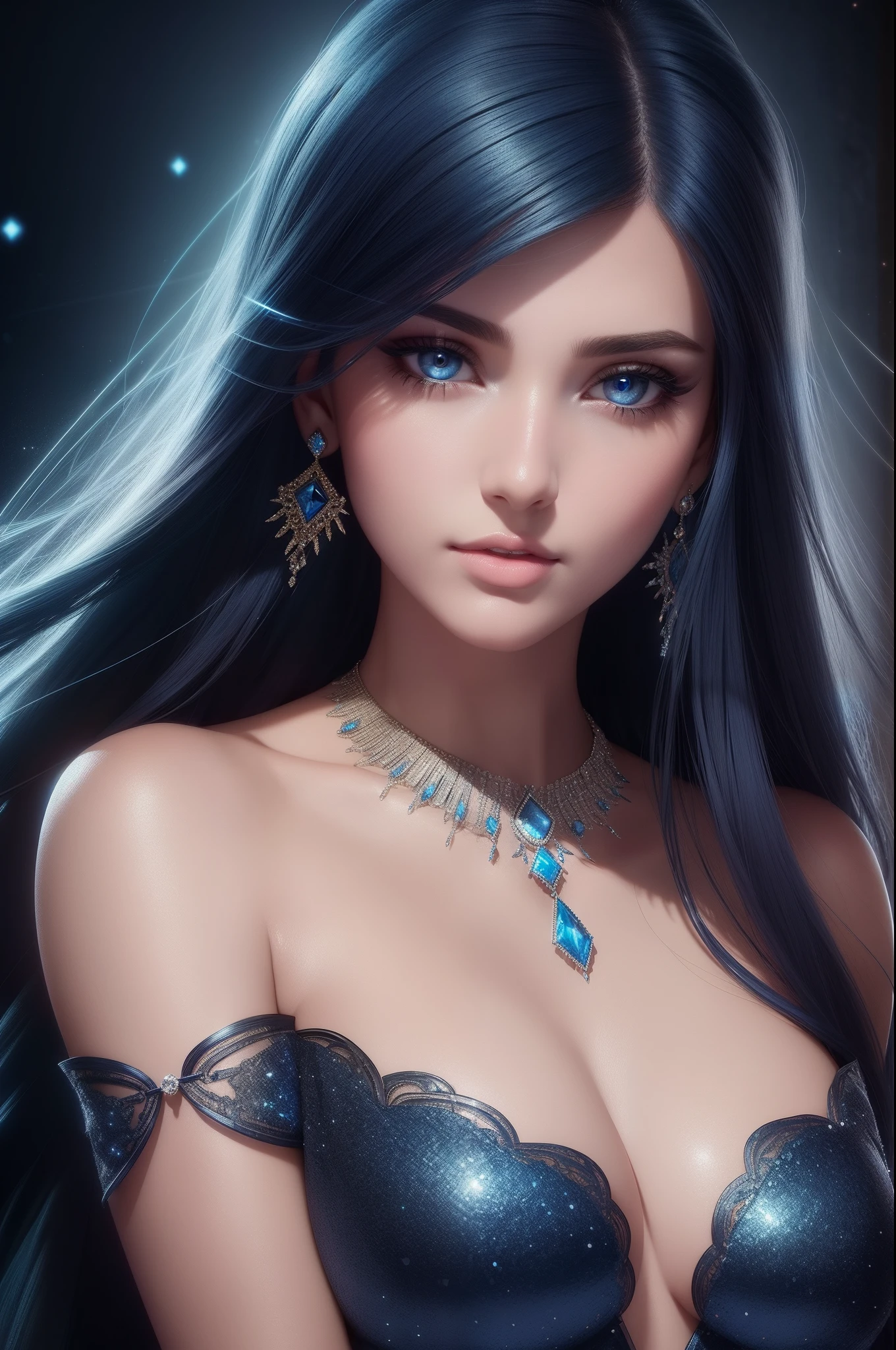 ultra detailed beautiful woman, 25 years-old woman, stunningly beautiful, stylish dark blue hair, dark blue dress, dark blue eyes, her whole head is visible with hair, dark blue jewel necklace, earrings, dark blue eyeshadow visible on her eyelids and eyeliner on her eyes, very long eyelashes, stuningly beautiful face, focus on face, holographic, light particles, ultra detailed illustration, hit definition, very bold and vivid colors, 32k resolution, best quality, volumetric lighting, “best quality”, “masterpiece", half of her body is visible, top of her dress is visible, ultra realistic, high-quality detail