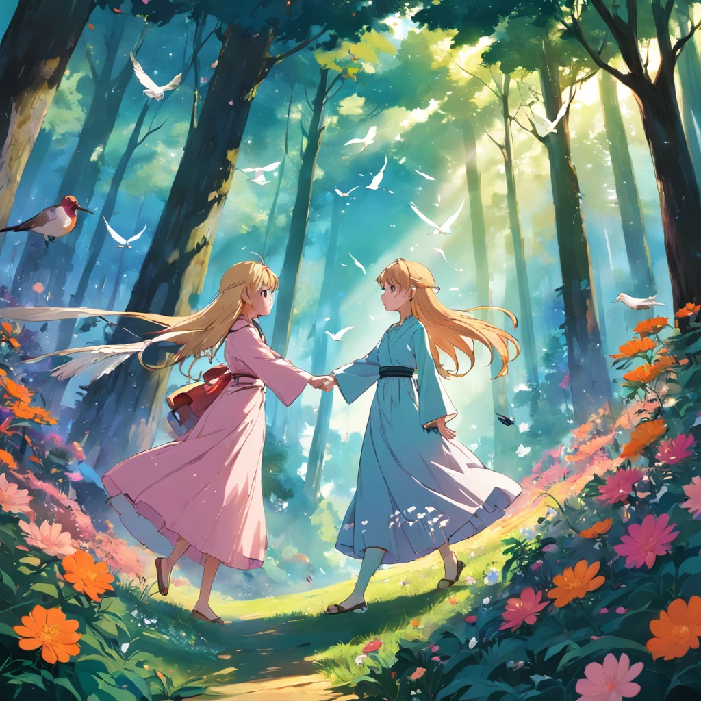 Desenhe duas mulheres se beijando em uma floresta encantadora, with colorful flowers and birds flying around them