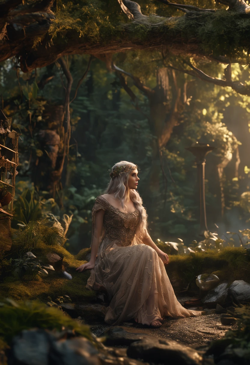 beautiful stunning elvish girl in the front, elvish garden, magic lake, brown air, 18th century, fantasy, cinematic