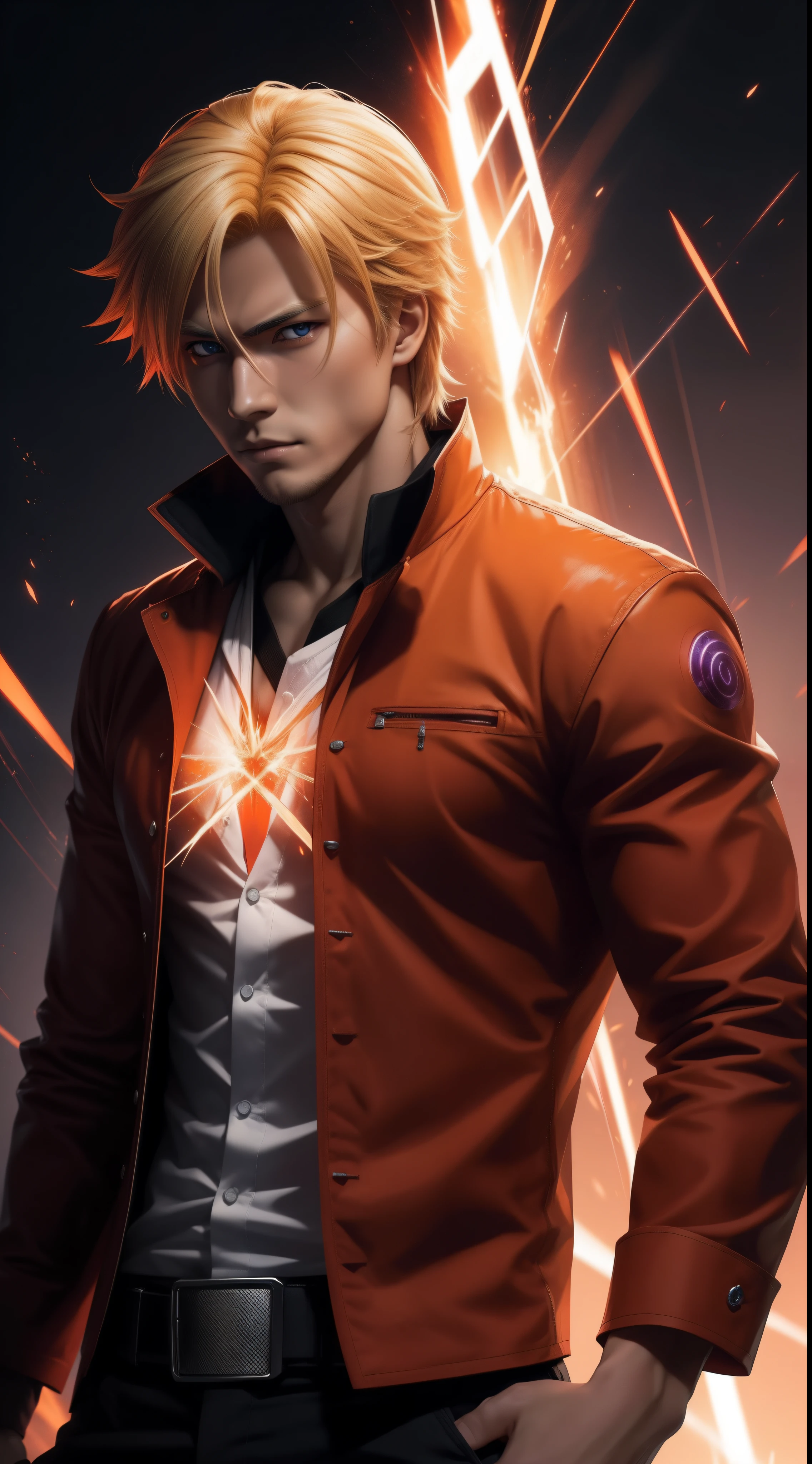 Hot profile picture, masterpiece, extremely accurate rendering, cool handsome Kurosaki Ichigo, blond hair, looking at viewer, solo, reliable, savior of the world, simple design, beautiful image best, 8K, light red eyes, original orange clothing style according to the characters in the story, reflecting the red and purple sparks on the chest.