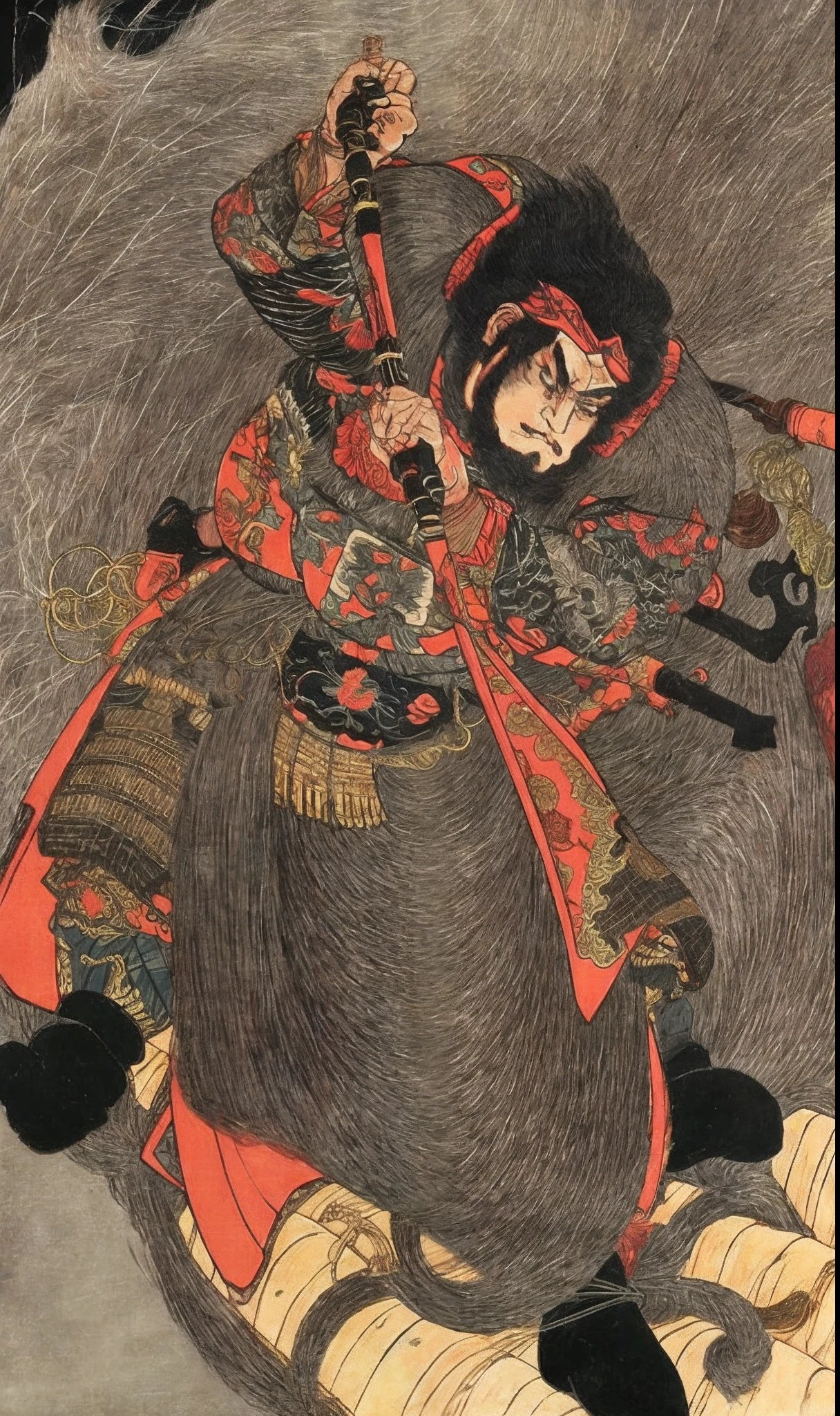 Guan Yu is shirtless,Long beard,ukiyo-style,k hd,Minimalist background,(angry look),tmasterpiece,filigree,k hd