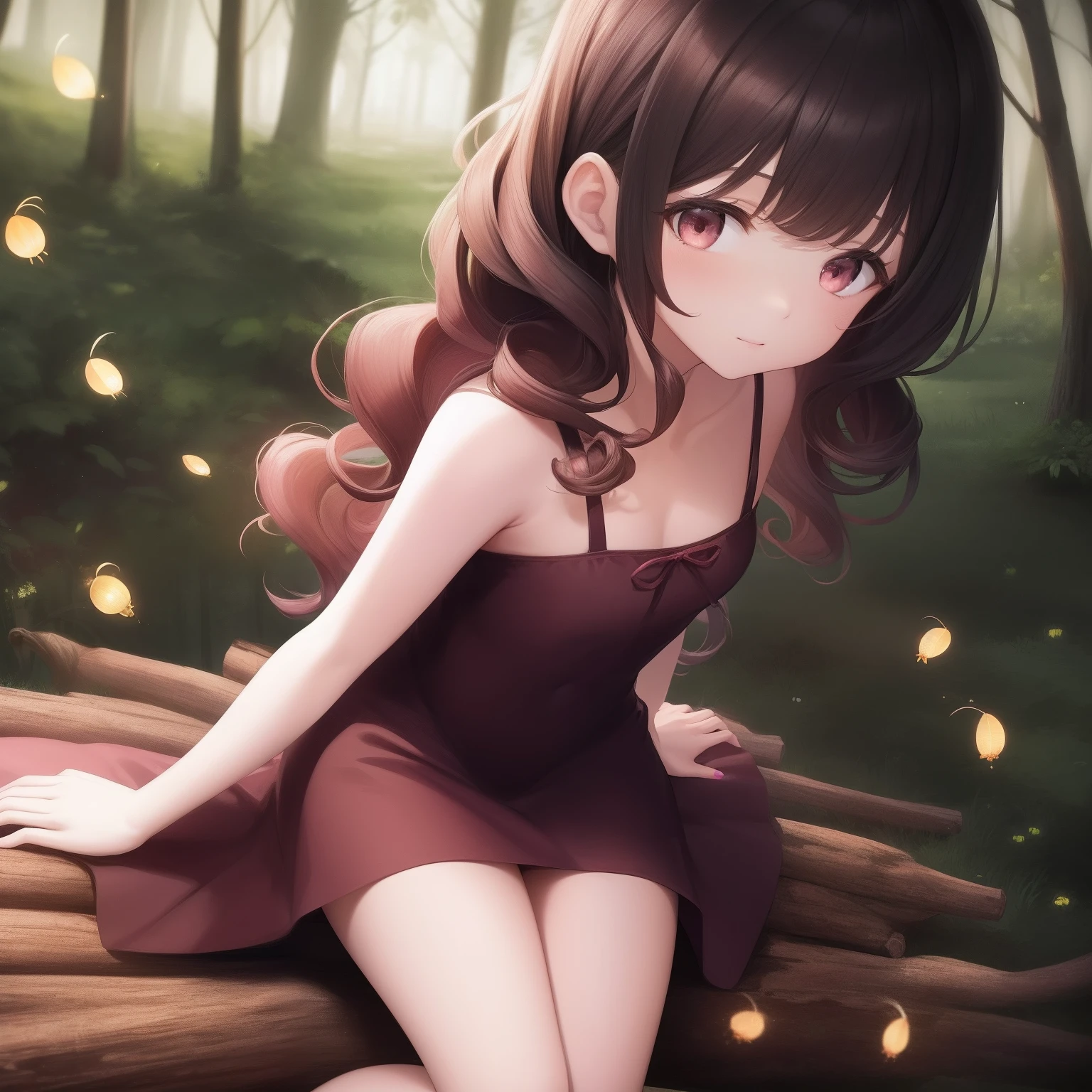 girl, white skin, (very curly hair), hair curly to the roots, 3b hair, sitting on a log, dark forest, brown eyes, lots of fireflies, black hair, ************, (tight pink dress),(very high quality ), neon lighting, closeup, pink and black tones